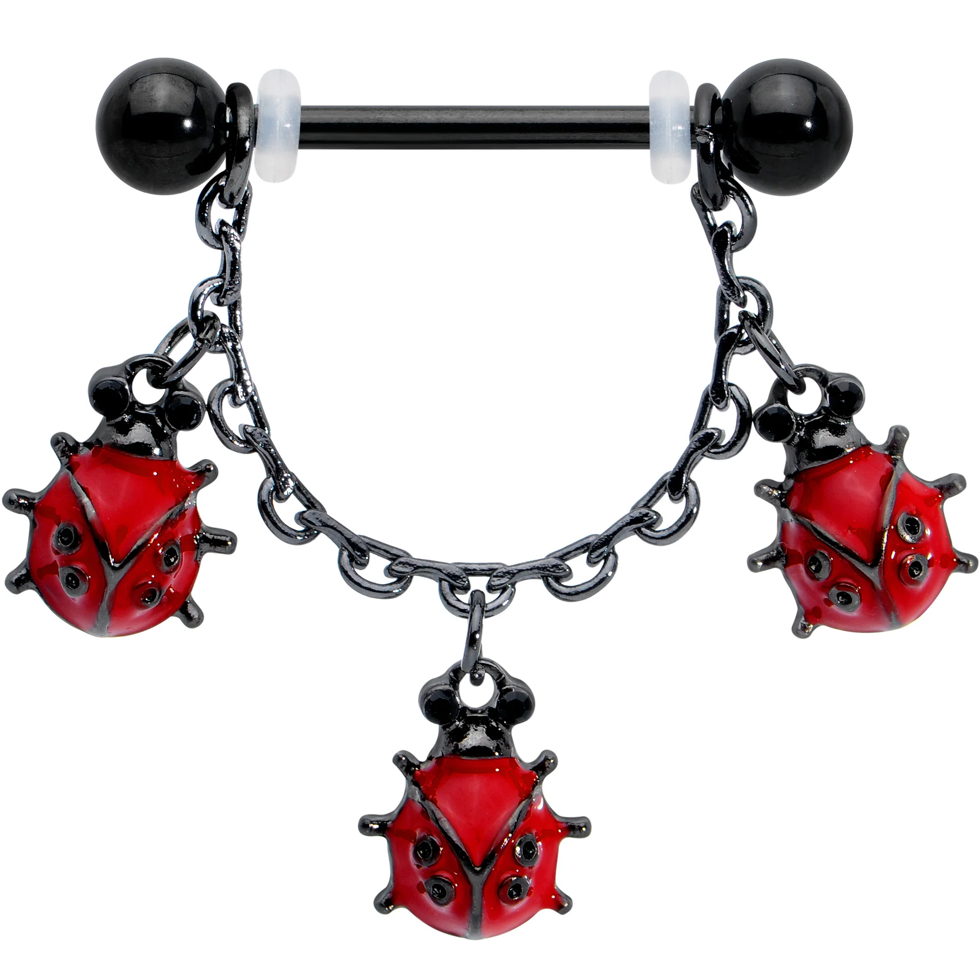 14G 9/16 Black Classic Ladybug Dangle Nipple Ring Set - Image 2
