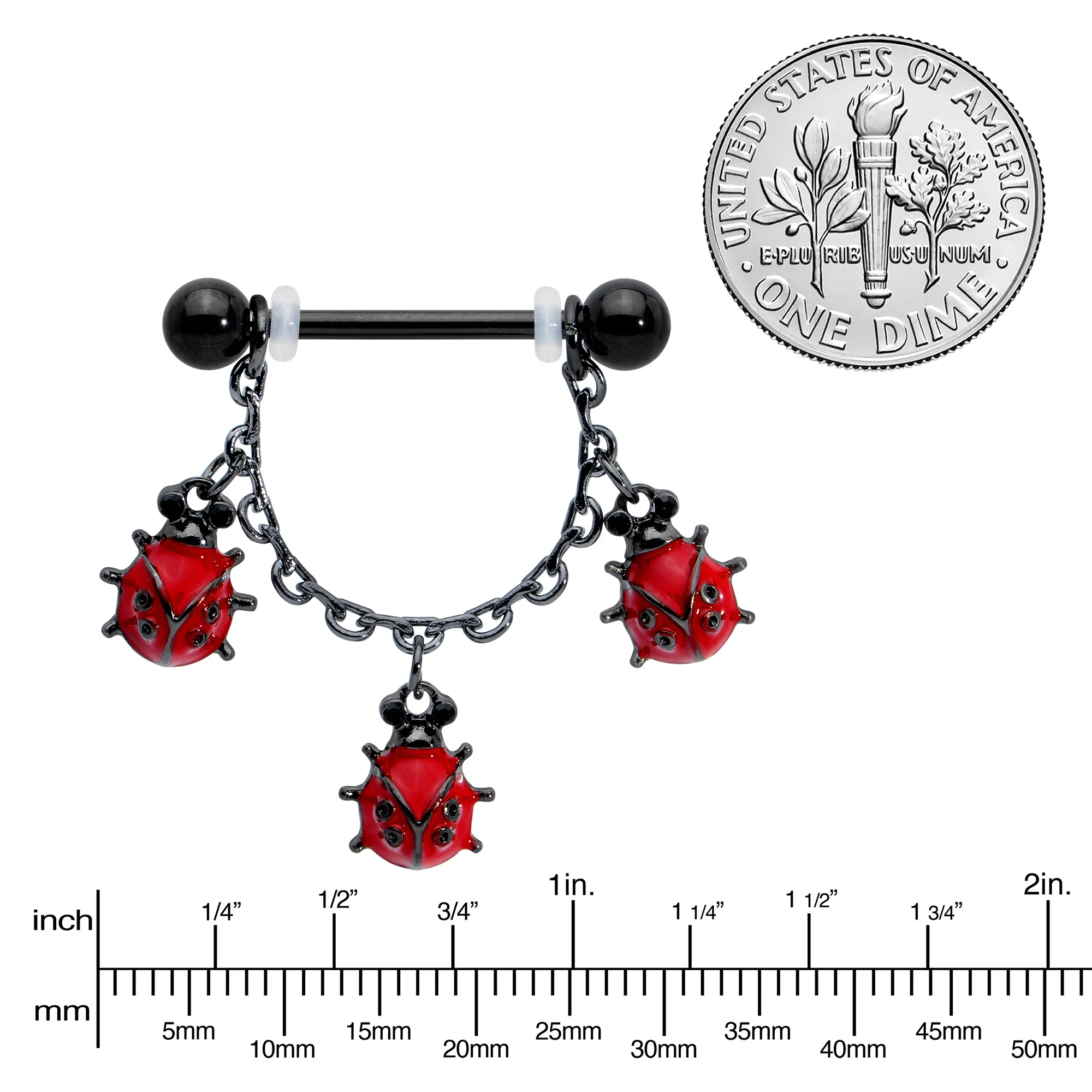 14G 9/16 Black Classic Ladybug Dangle Nipple Ring Set - Image 3