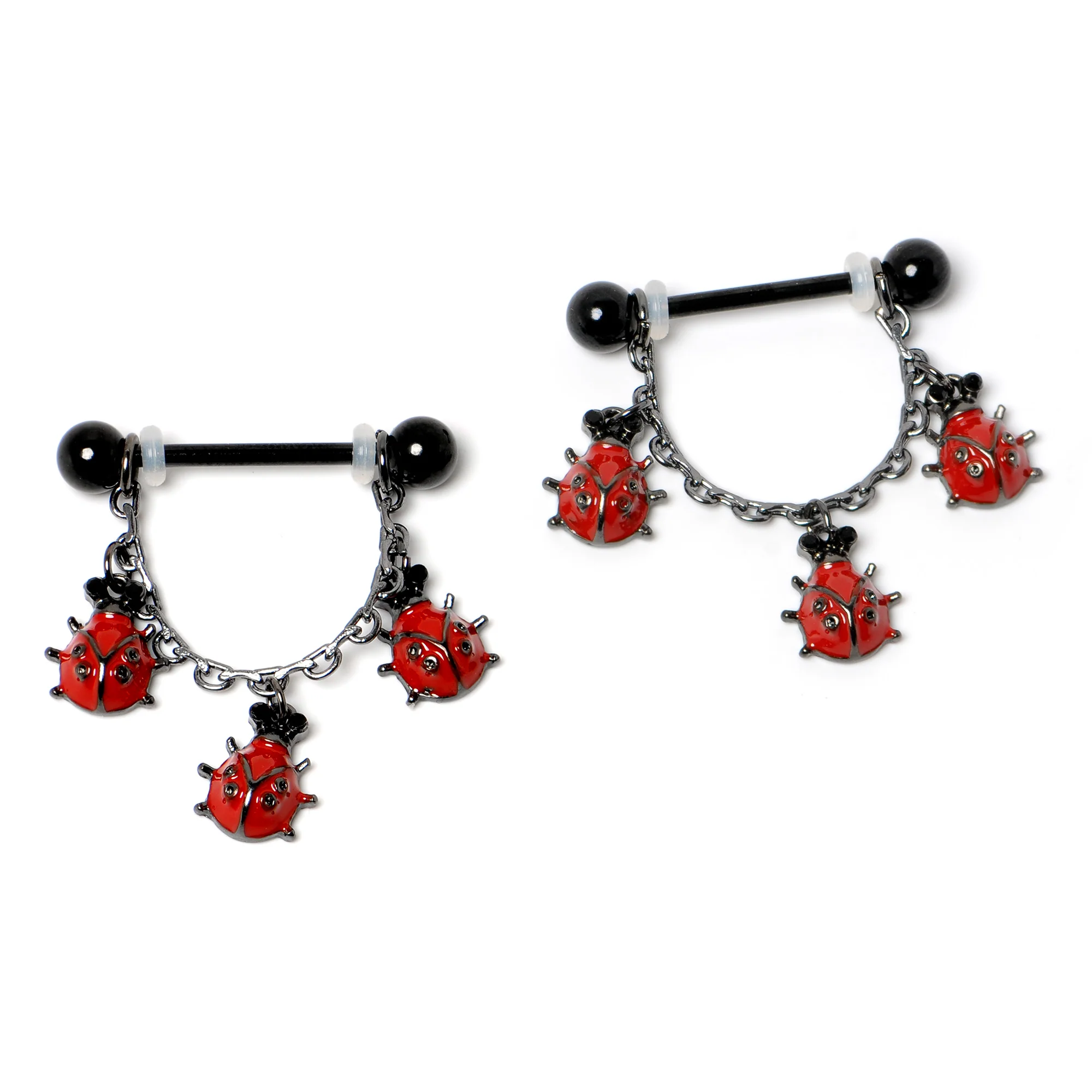 14G 9/16 Black Classic Ladybug Dangle Nipple Ring Set - Image 4