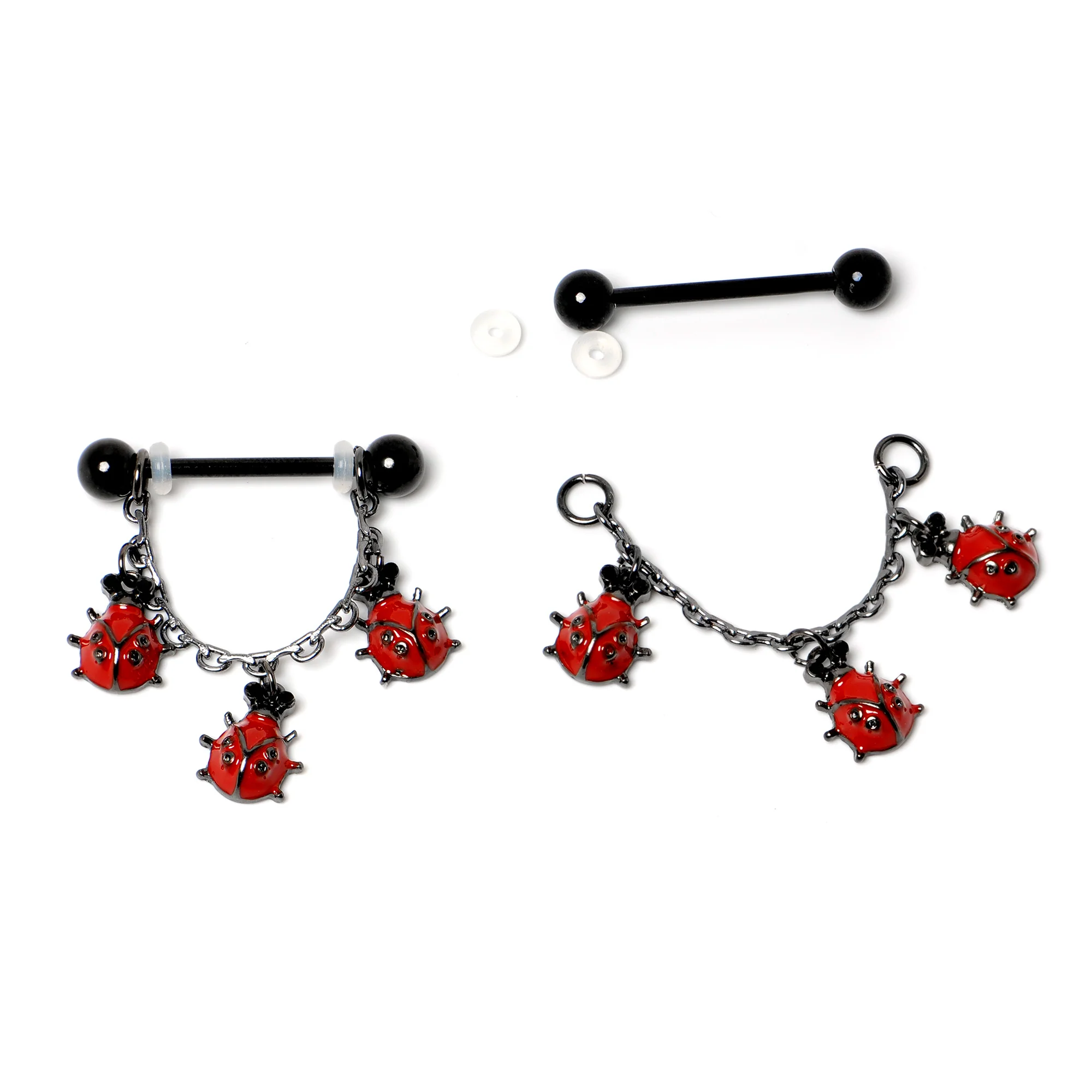 14G 9/16 Black Classic Ladybug Dangle Nipple Ring Set - Image 5