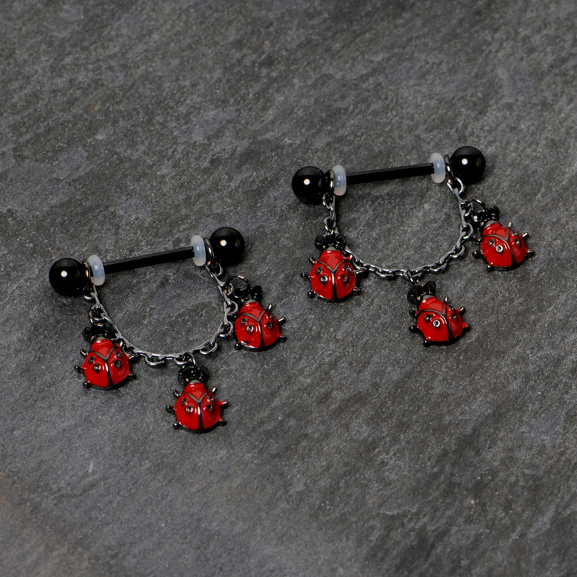 14G 9/16 Black Classic Ladybug Dangle Nipple Ring Set - Image 6