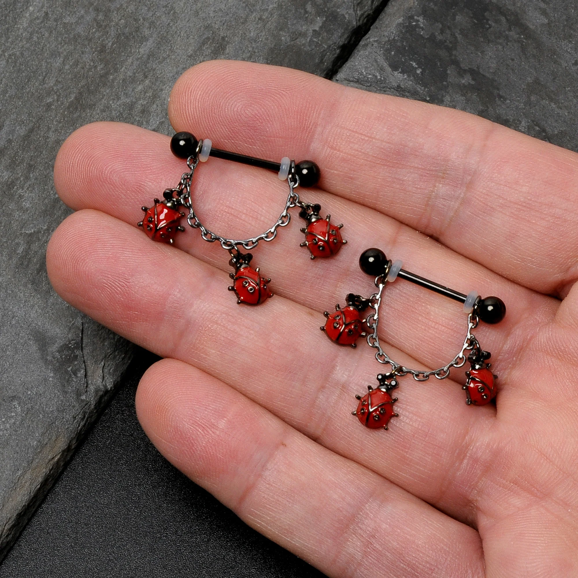 14G 9/16 Black Classic Ladybug Dangle Nipple Ring Set - Image 7
