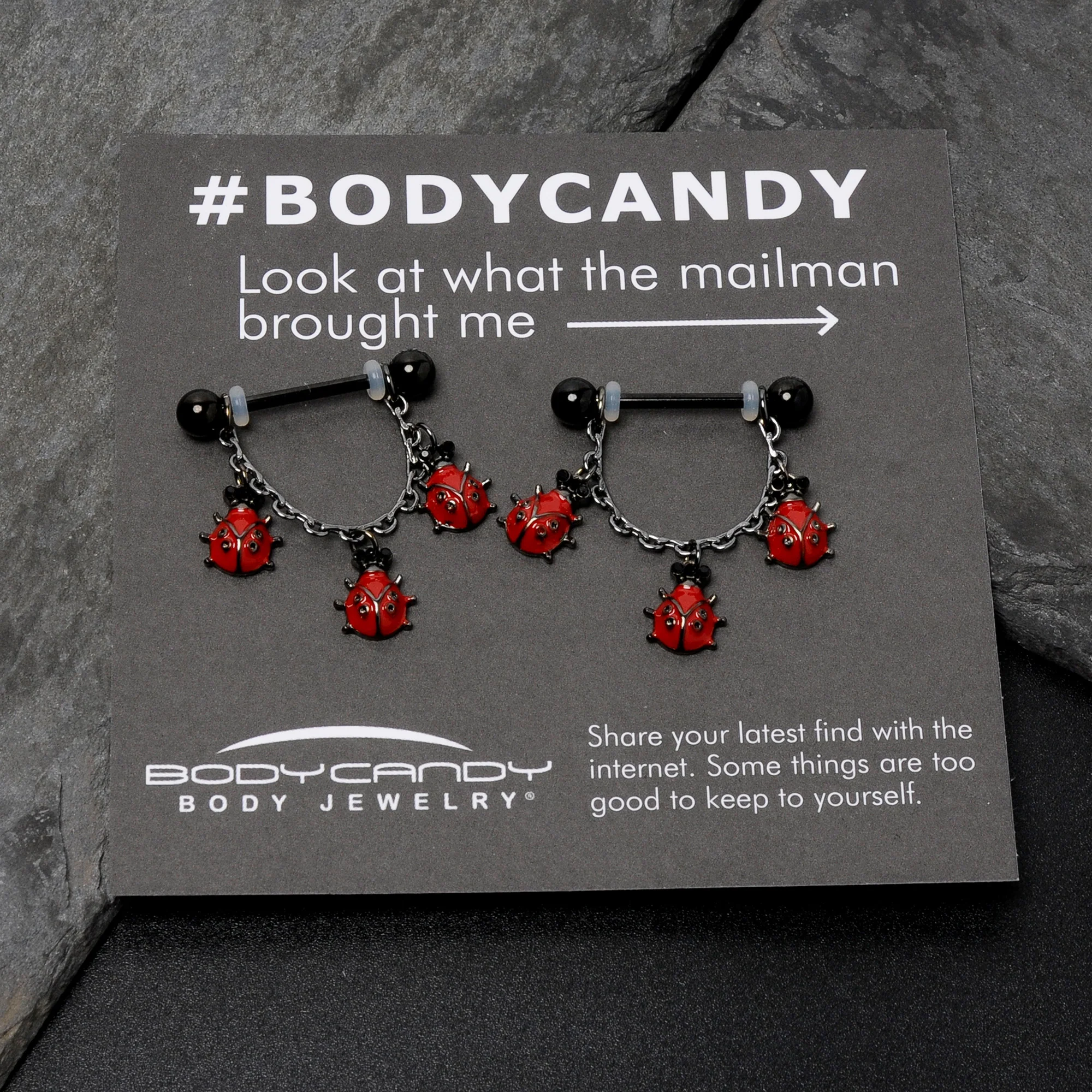 14G 9/16 Black Classic Ladybug Dangle Nipple Ring Set - Image 8