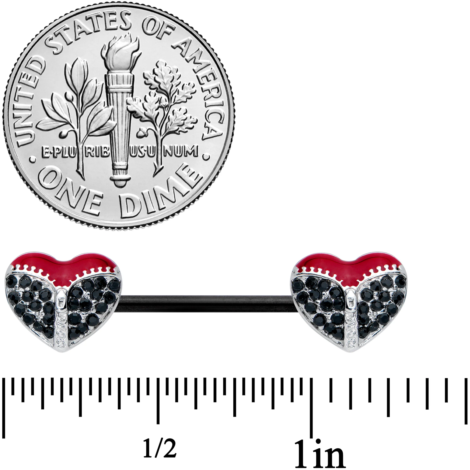 14G 9/16 Black CZ Gem Black Unzipped Heart Barbell Nipple Ring Set - Image 2