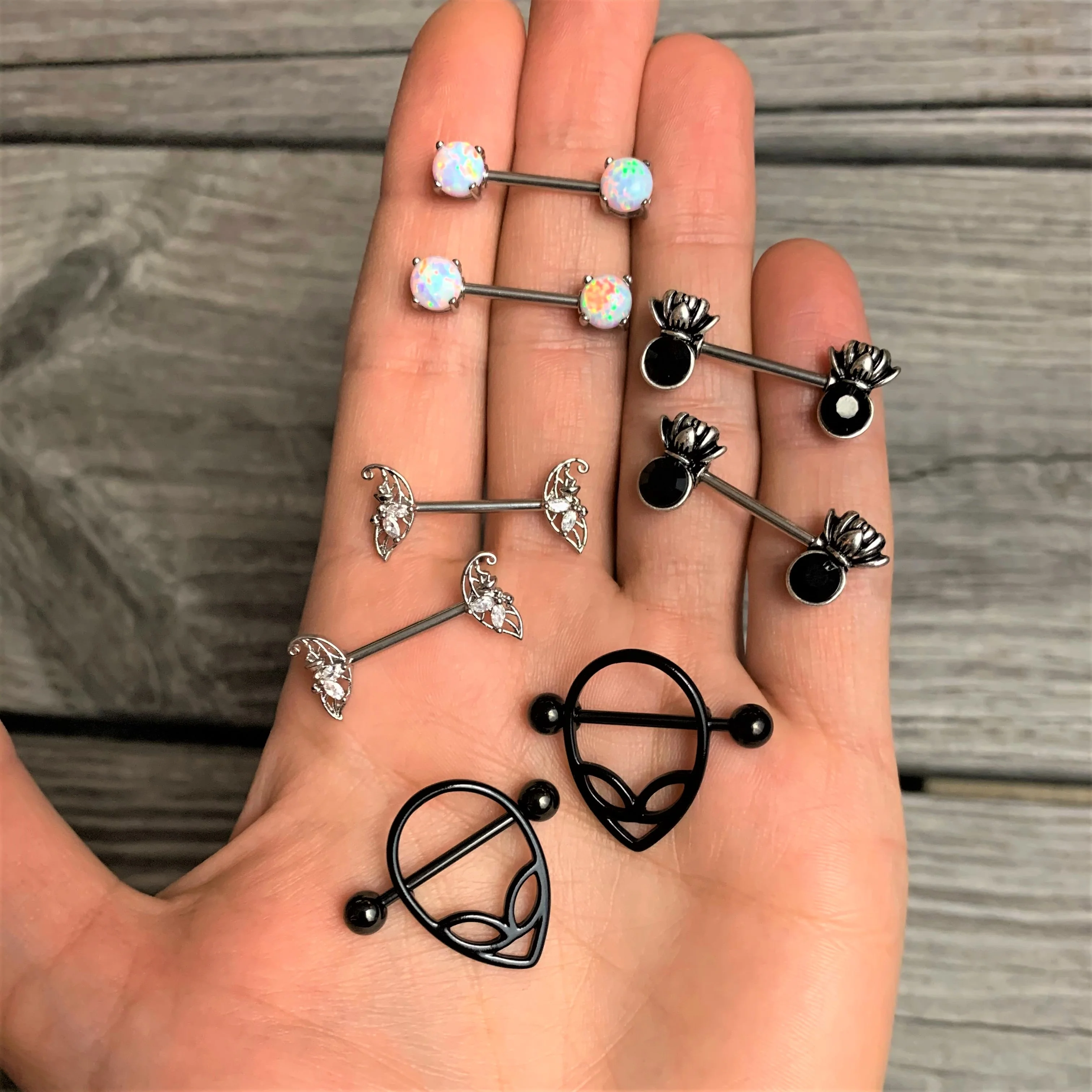 14G 9/16 Black CZ Gem Lotus Flower Crown Barbell Nipple Ring Set - Image 2