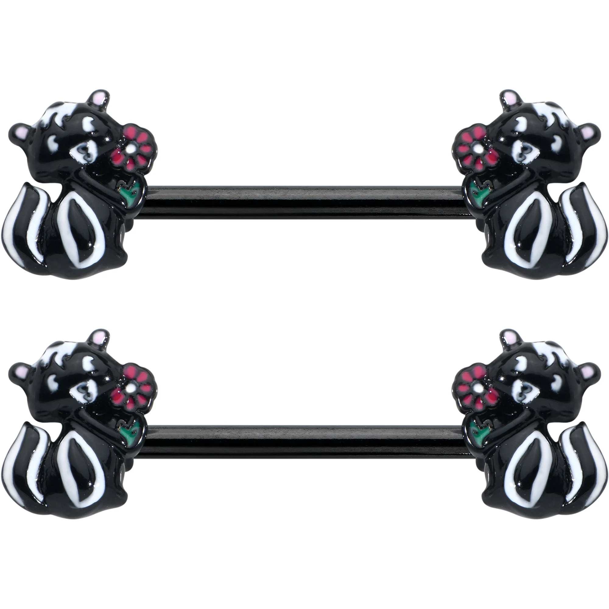 14G 9/16 Black Funky Skunk Barbell Nipple Ring Set - Image 2