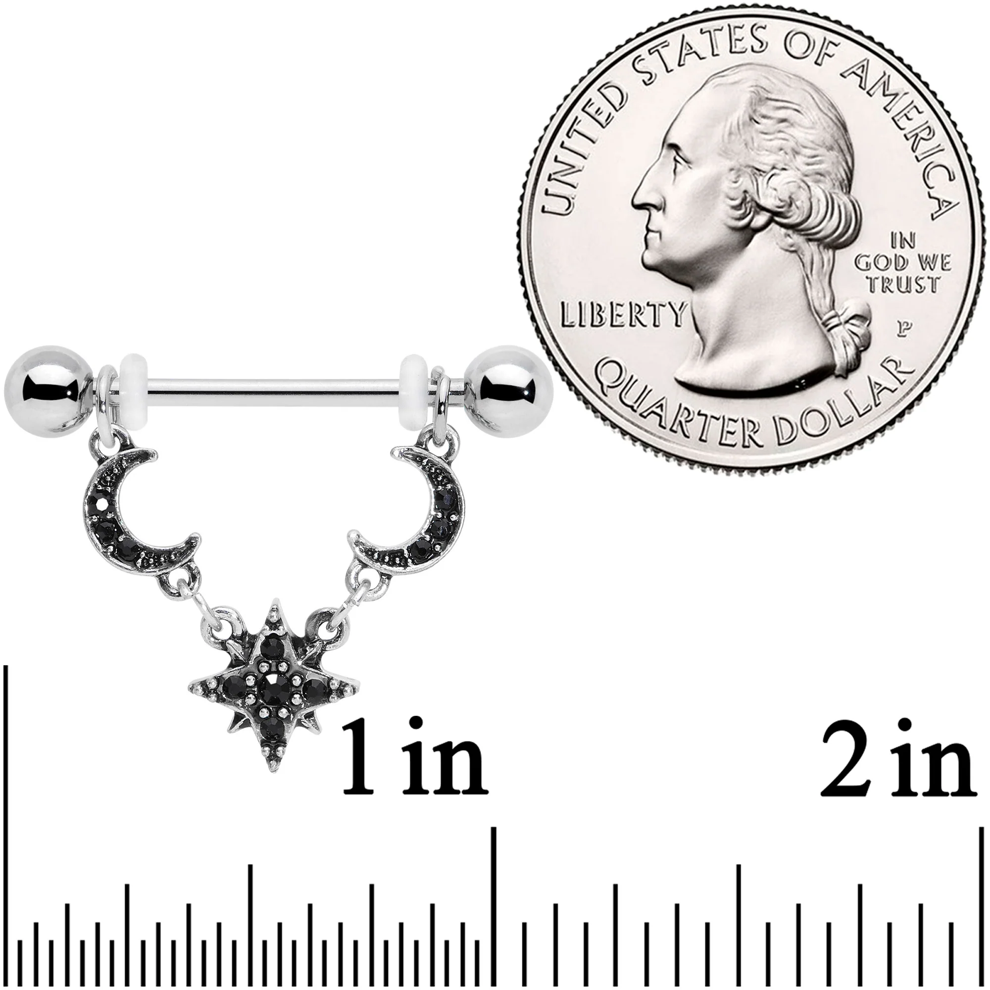 14G 9/16 Black Gem Crescent Moons Star Dangle Nipple Ring Set - Image 2