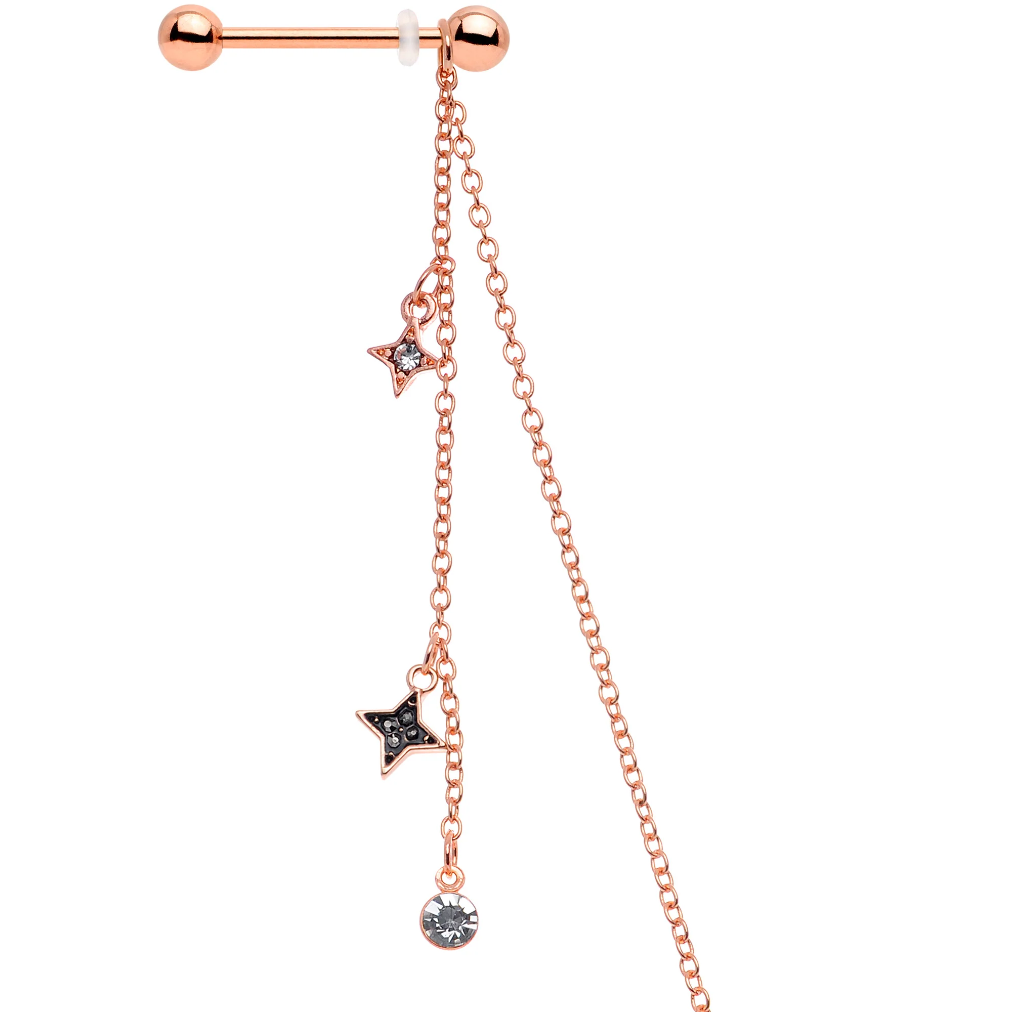 14G 9/16 Black Gem Rose Gold Tone Moon Dangle Nipple Chain - Image 2