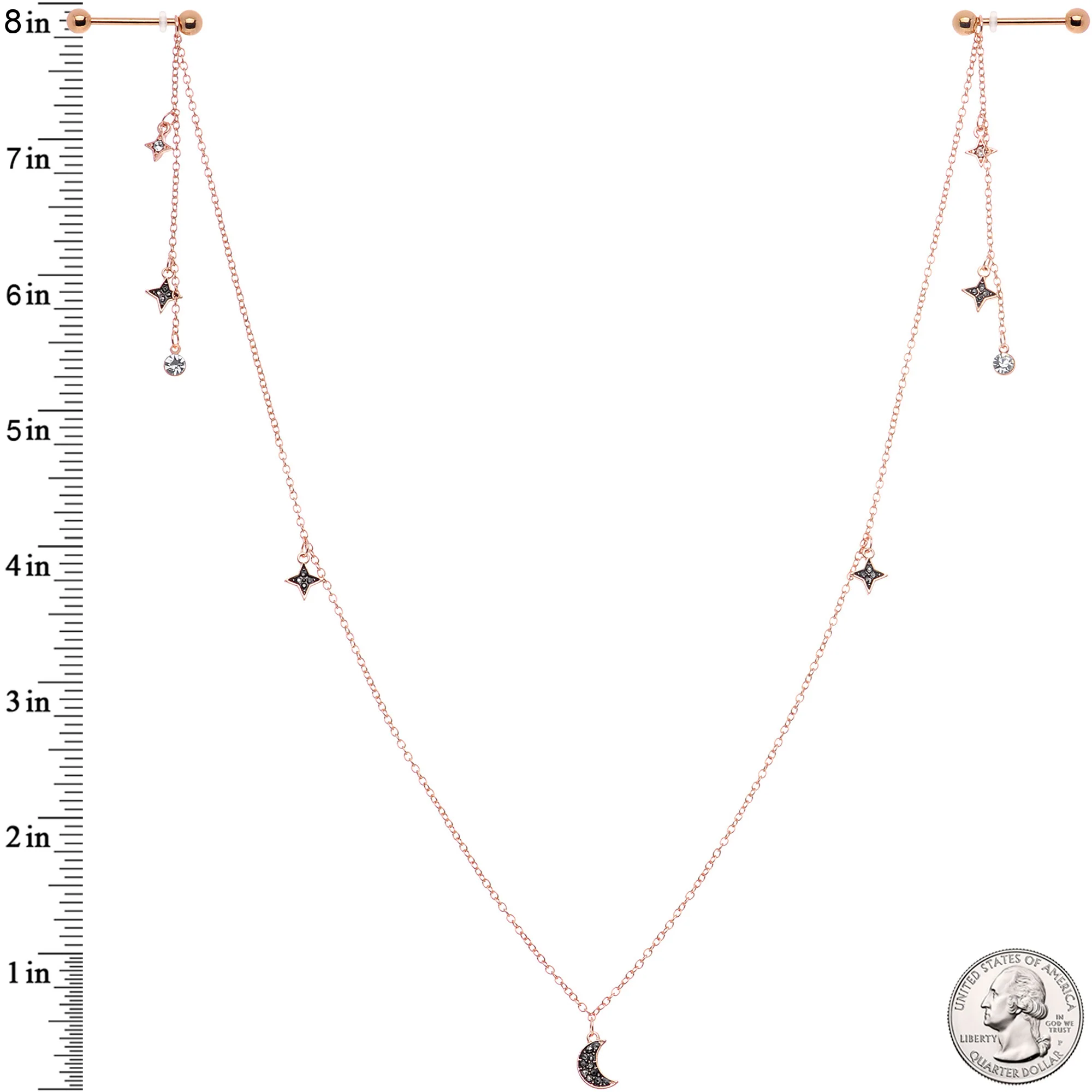 14G 9/16 Black Gem Rose Gold Tone Moon Dangle Nipple Chain - Image 4