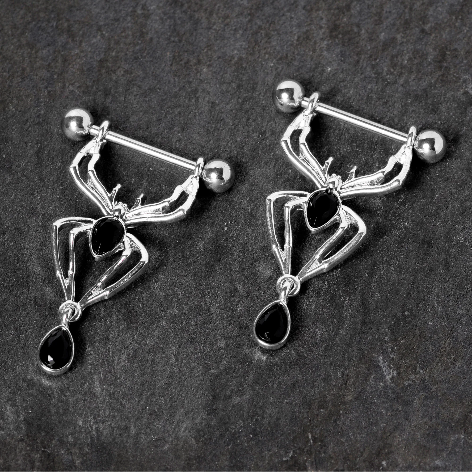 14G 9/16 Black Gem Spider Halloween Dangle Nipple Ring Set - Image 3