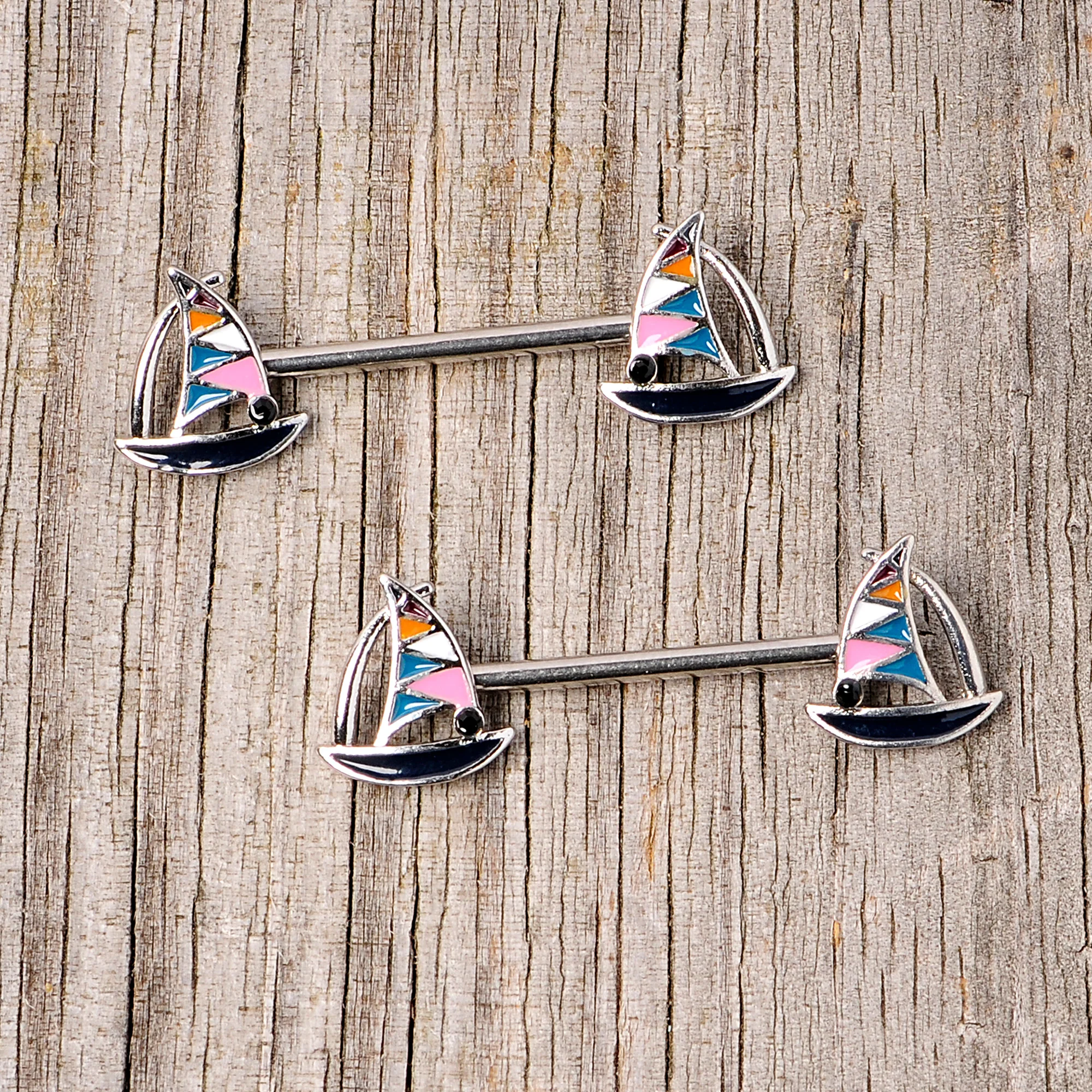 14G 9/16 Black Gem Teal Nautical Sailboat Barbell Nipple Ring Set - Image 3