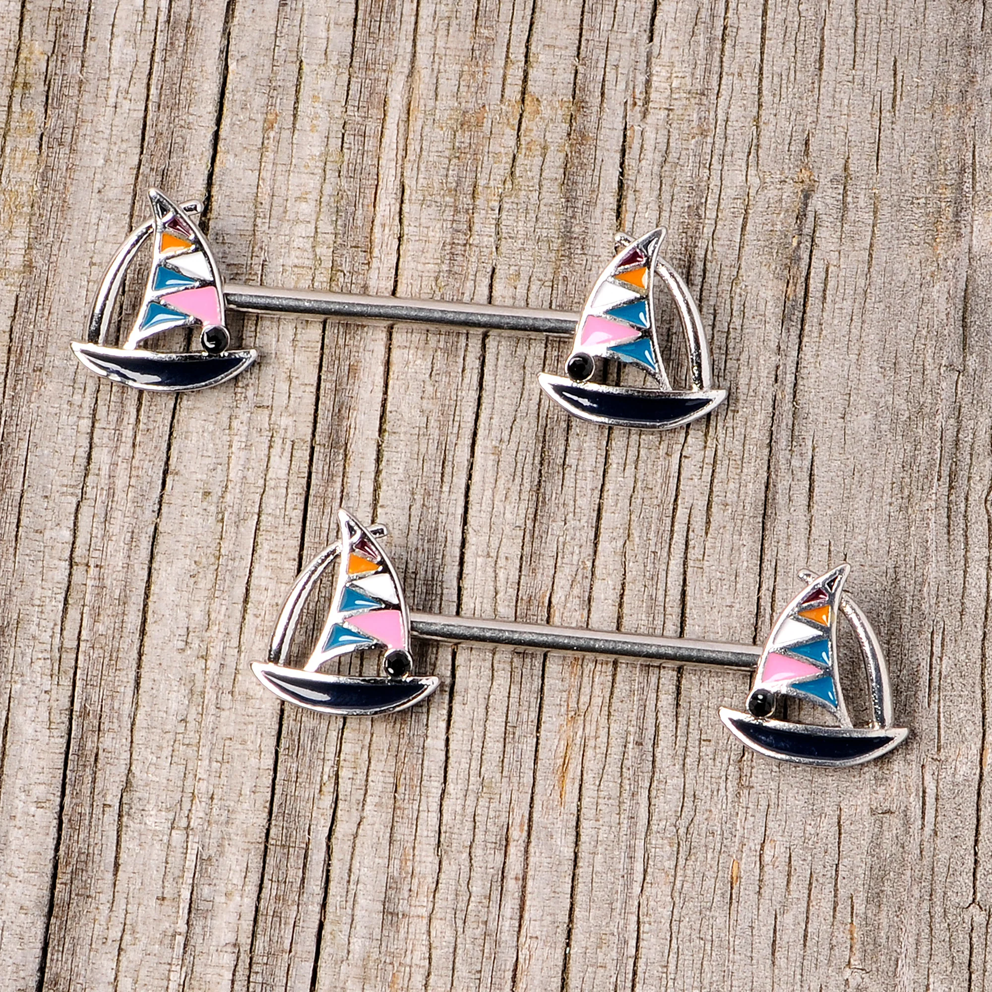 14G 9/16 Black Gem Teal Nautical Sailboat Barbell Nipple Ring Set - Image 4