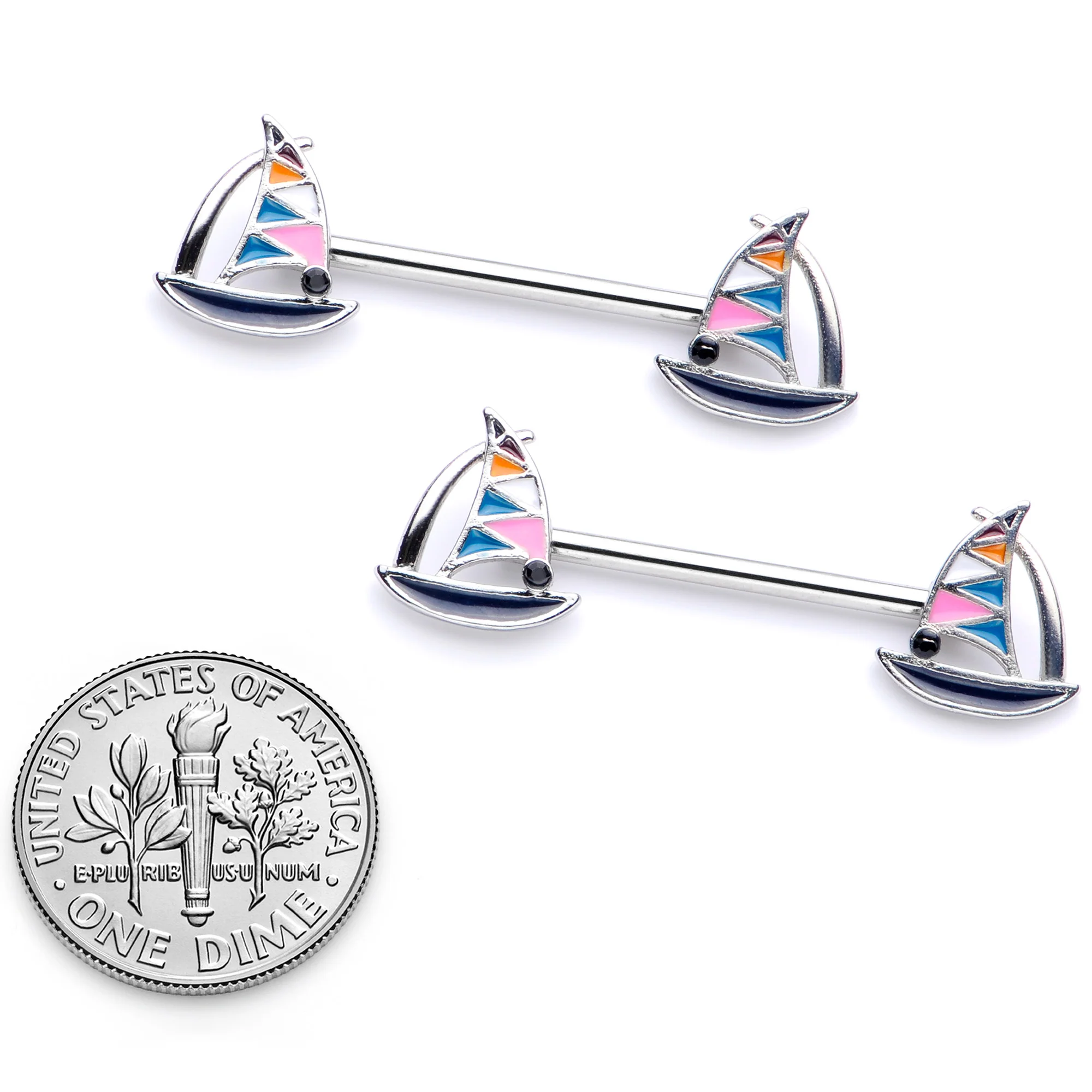 14G 9/16 Black Gem Teal Nautical Sailboat Barbell Nipple Ring Set - Image 5