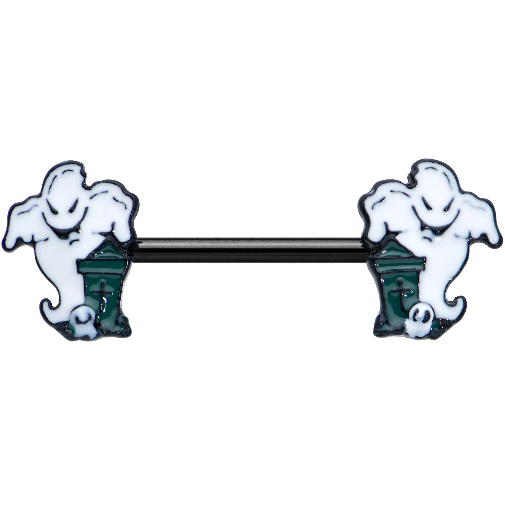 14G 9/16 Black Graveyard Ghost Halloween Barbell Nipple Ring Set - Image 2