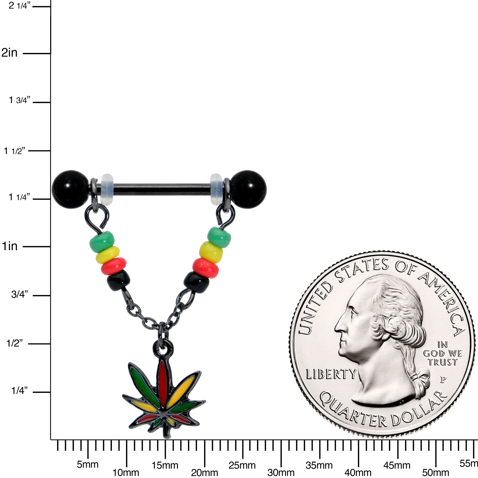 14G 9/16 Black Multicolor Pot Leaf Dangle Barbell Nipple Ring Set - Image 2