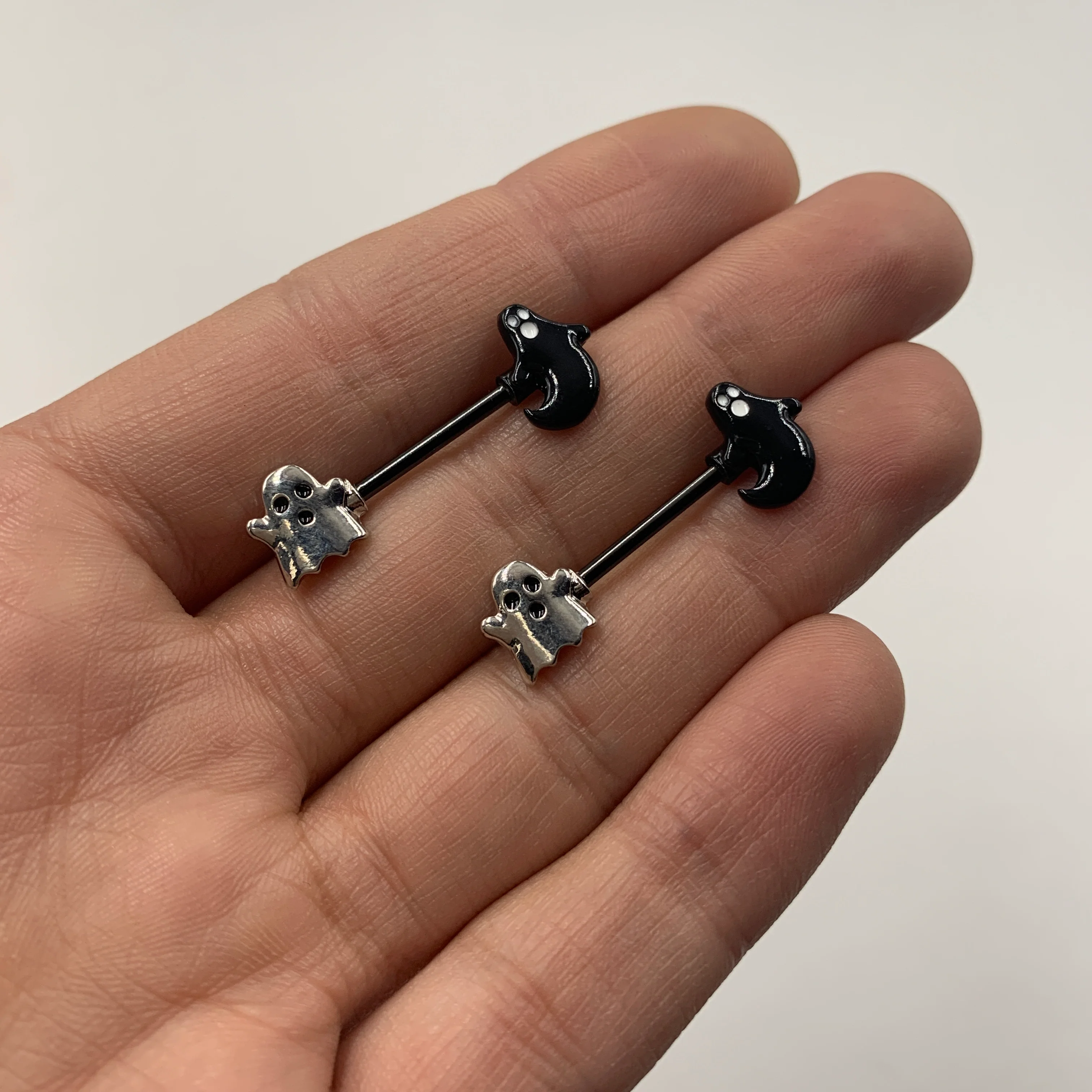 14G 9/16 Black PVD Black Ghost Halloween Nipple Ring Set - Image 2