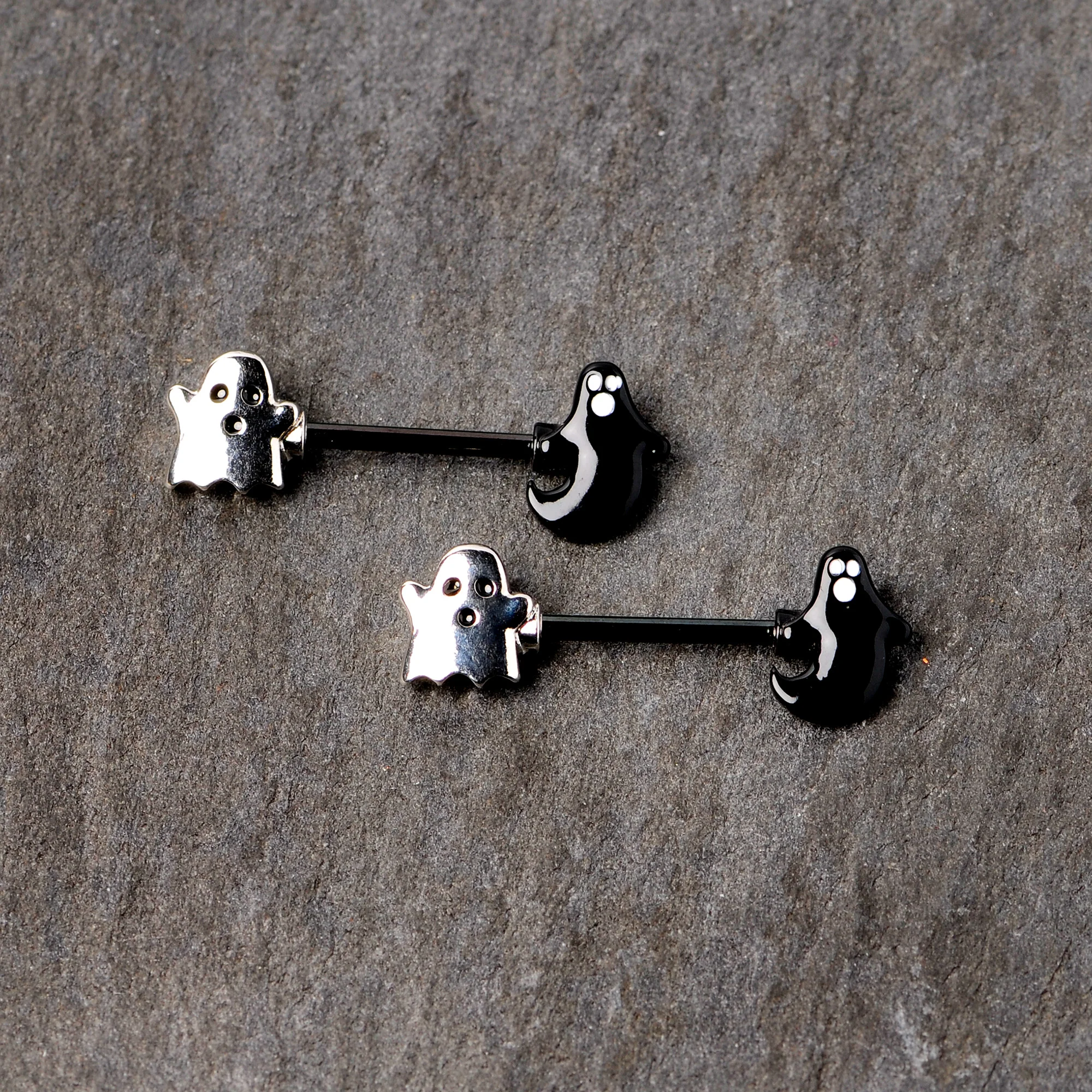 14G 9/16 Black PVD Black Ghost Halloween Nipple Ring Set - Image 3