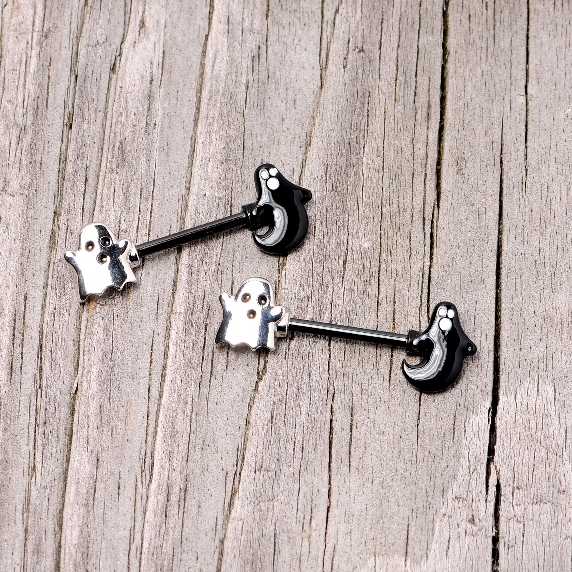 14G 9/16 Black PVD Black Ghost Halloween Nipple Ring Set - Image 4