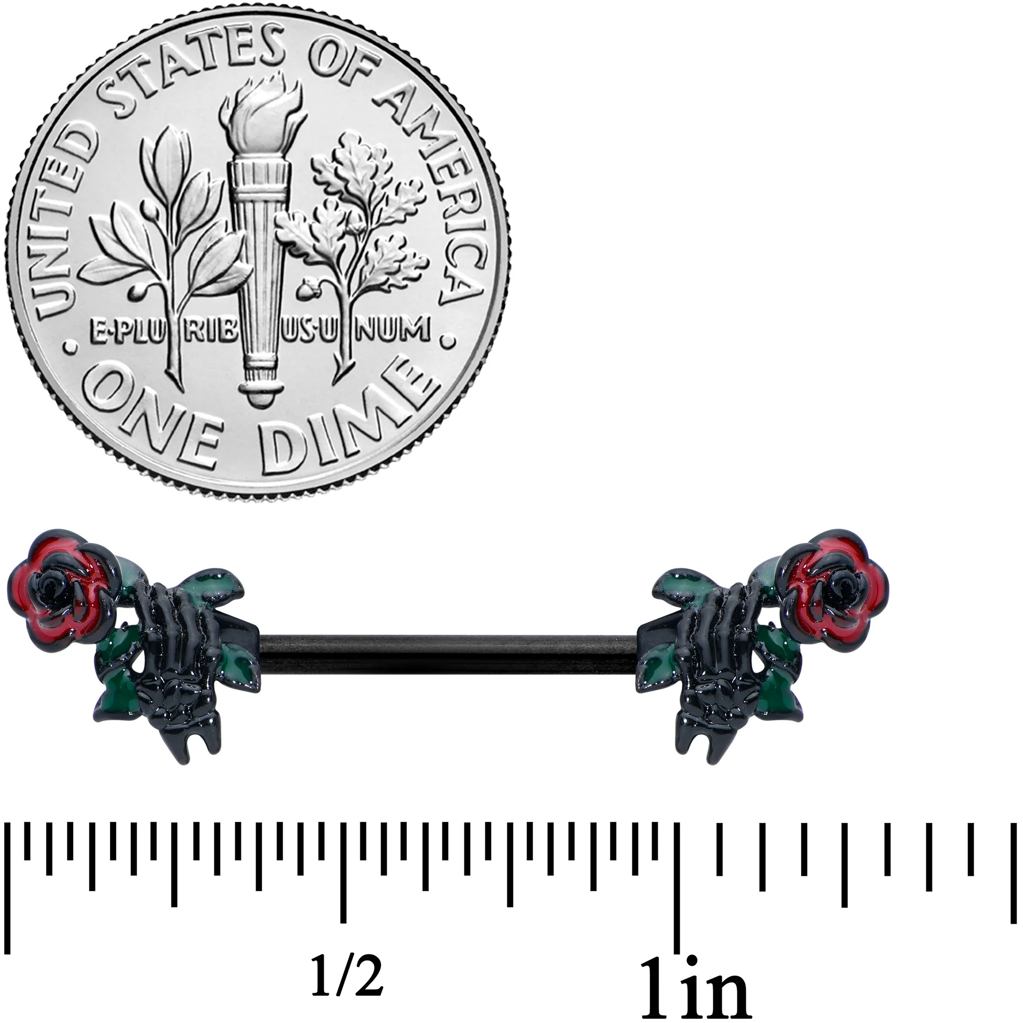 14G 9/16 Black Skeleton Flower Halloween Barbell Nipple Ring Set - Image 2