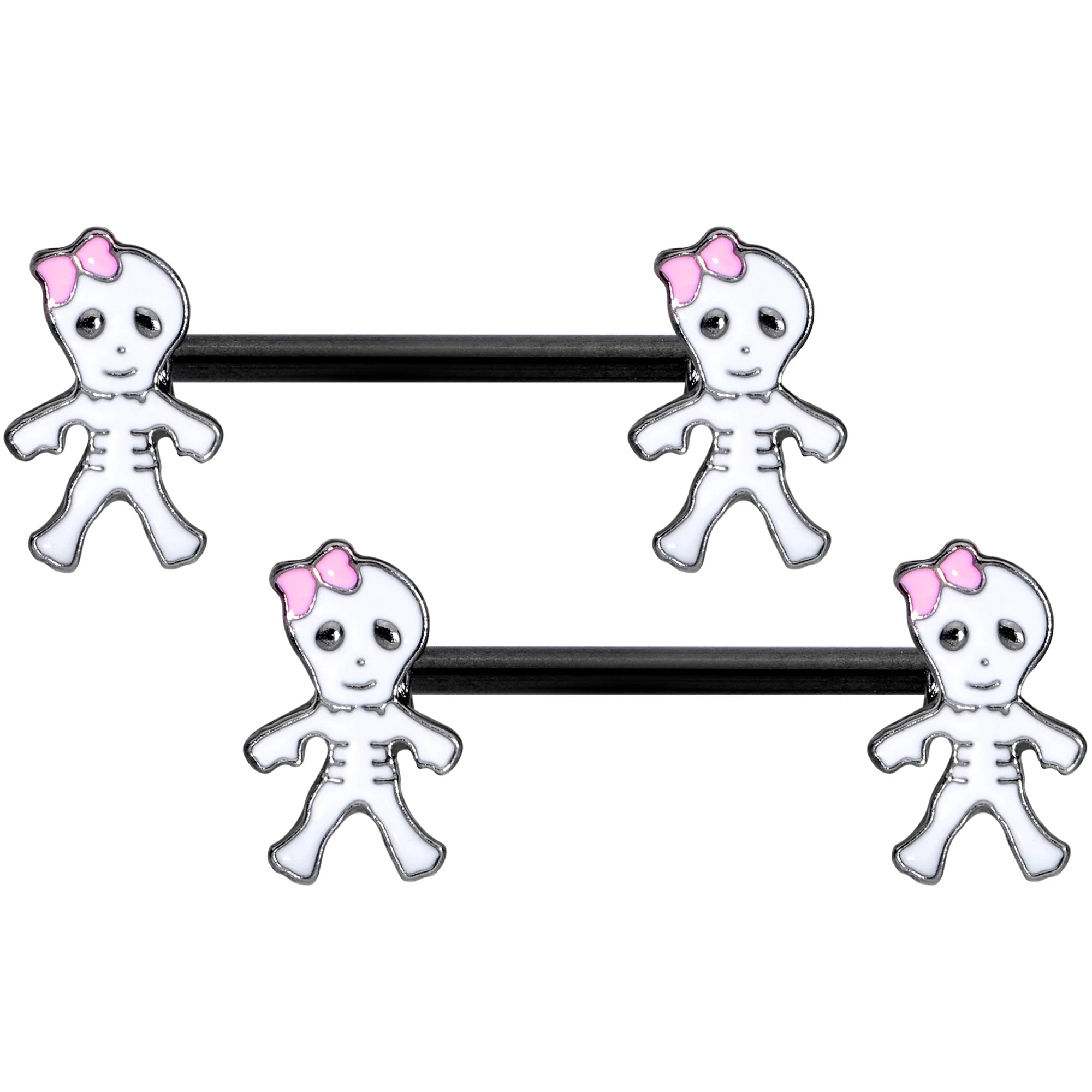 14G 9/16 Black Skeleton Girl Halloween Barbell Nipple Ring Set