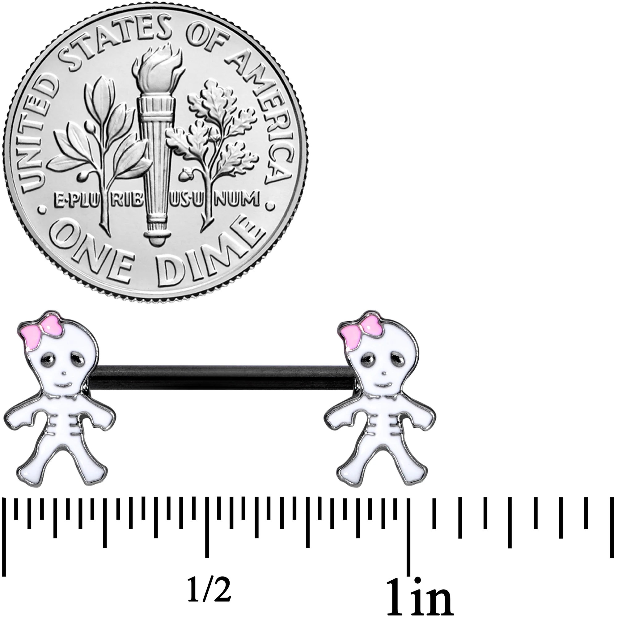 14G 9/16 Black Skeleton Girl Halloween Barbell Nipple Ring Set - Image 2