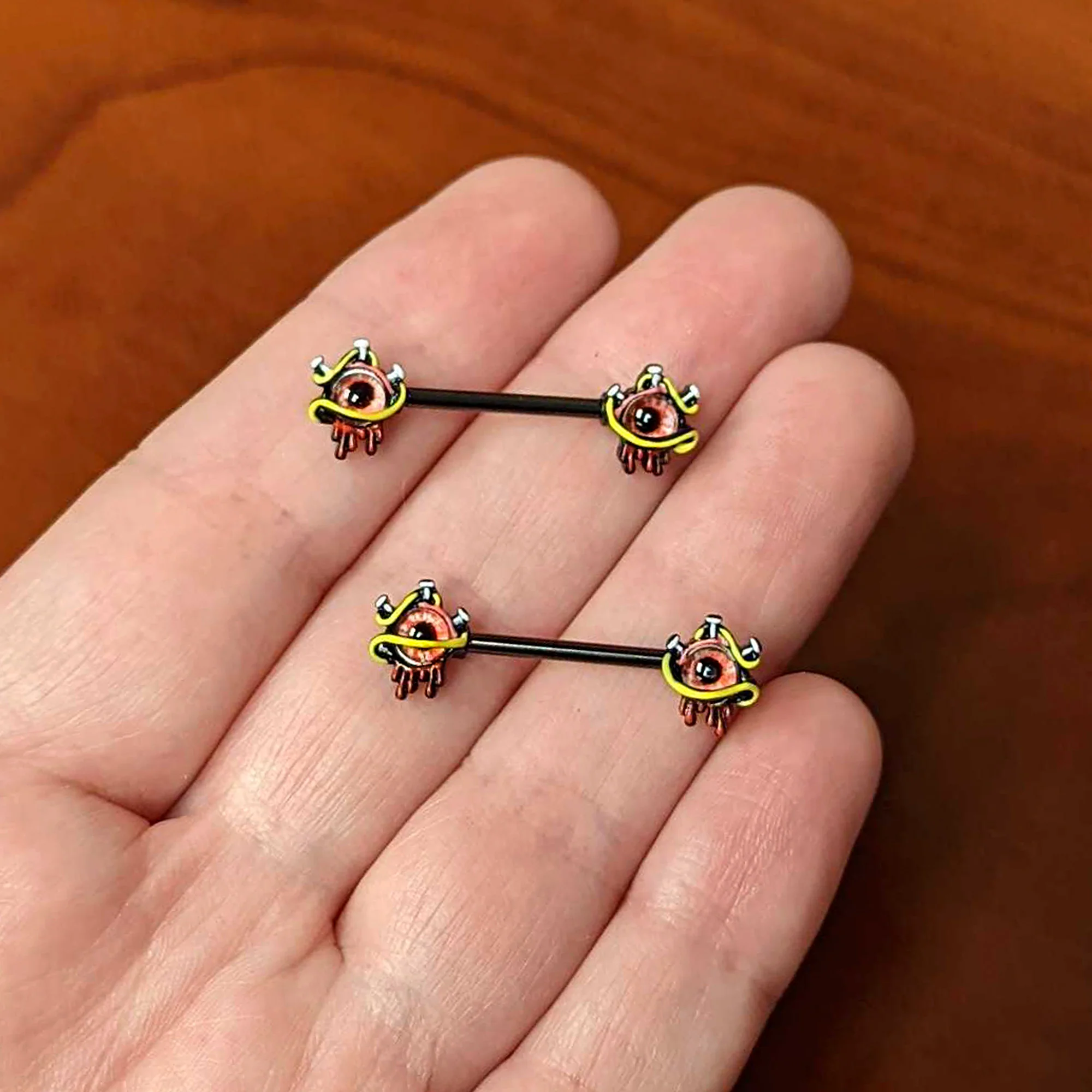 14G 9/16 Black Spiky Eyeball Halloween Barbell Nipple Ring Set - Image 4