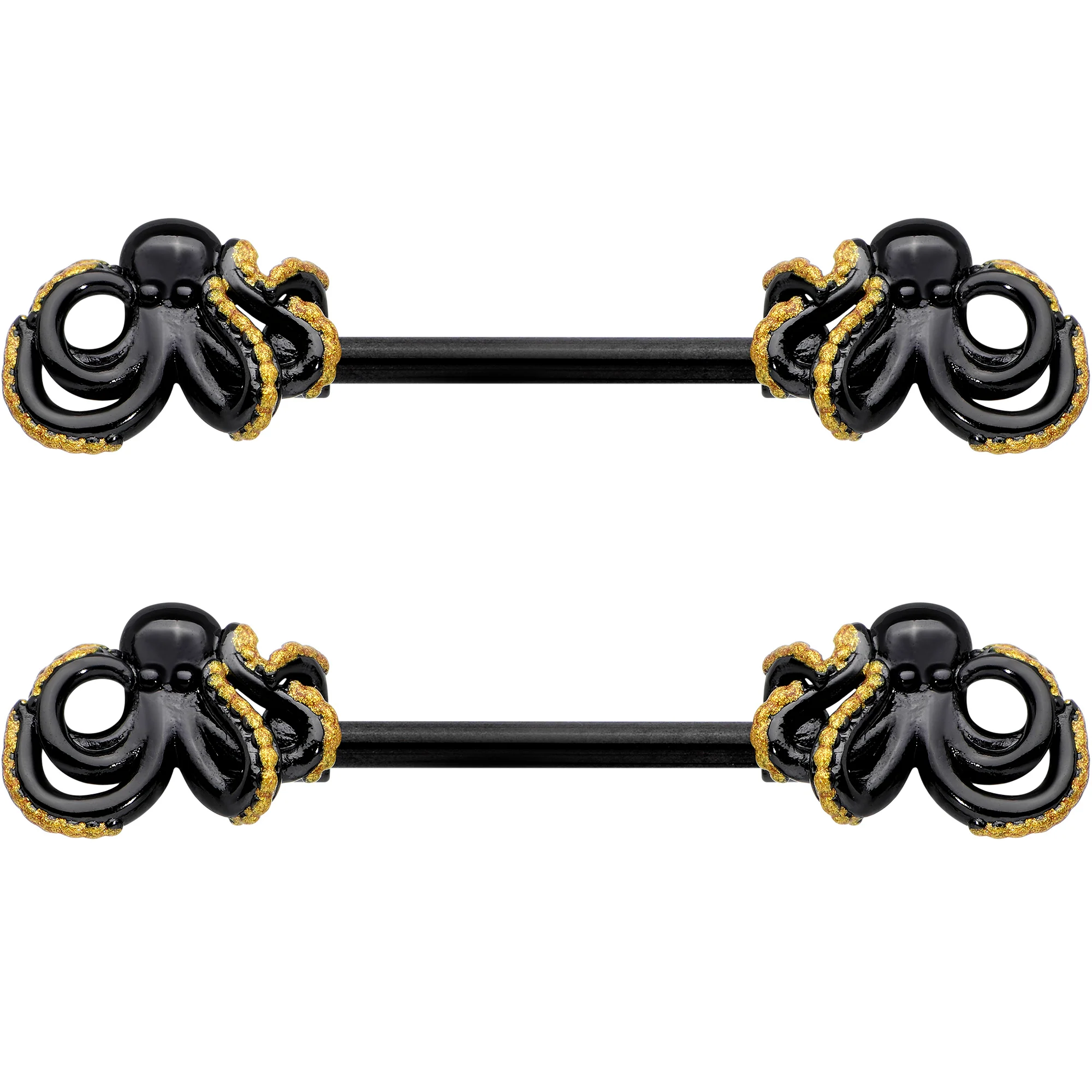 14G 9/16 Black Understated Octopus Barbell Nipple Ring Set - Image 2