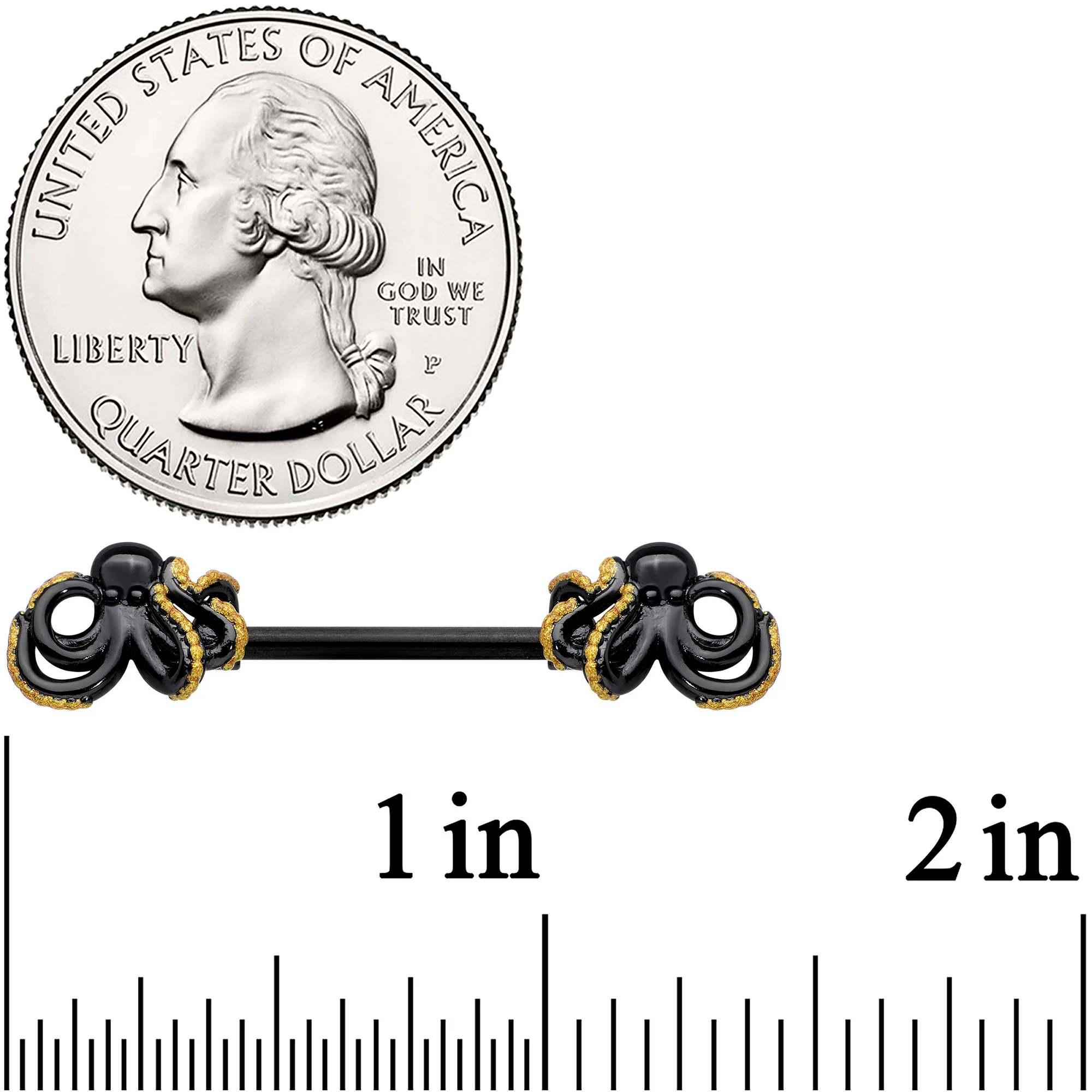 14G 9/16 Black Understated Octopus Barbell Nipple Ring Set - Image 3