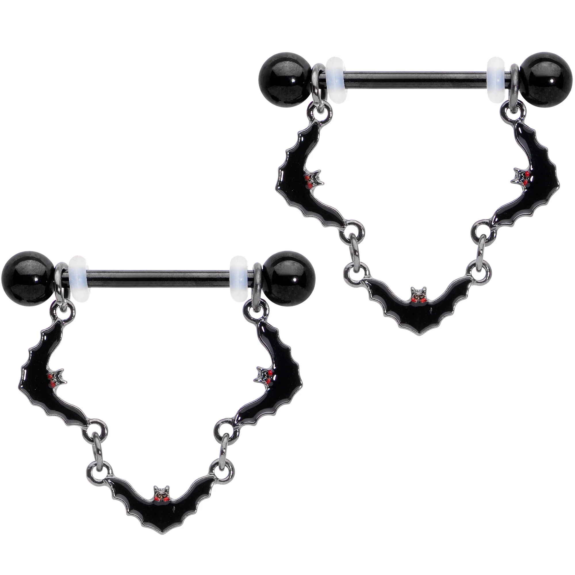 14G 9/16 Black Vampire Bat Halloween Dangle Nipple Ring Set