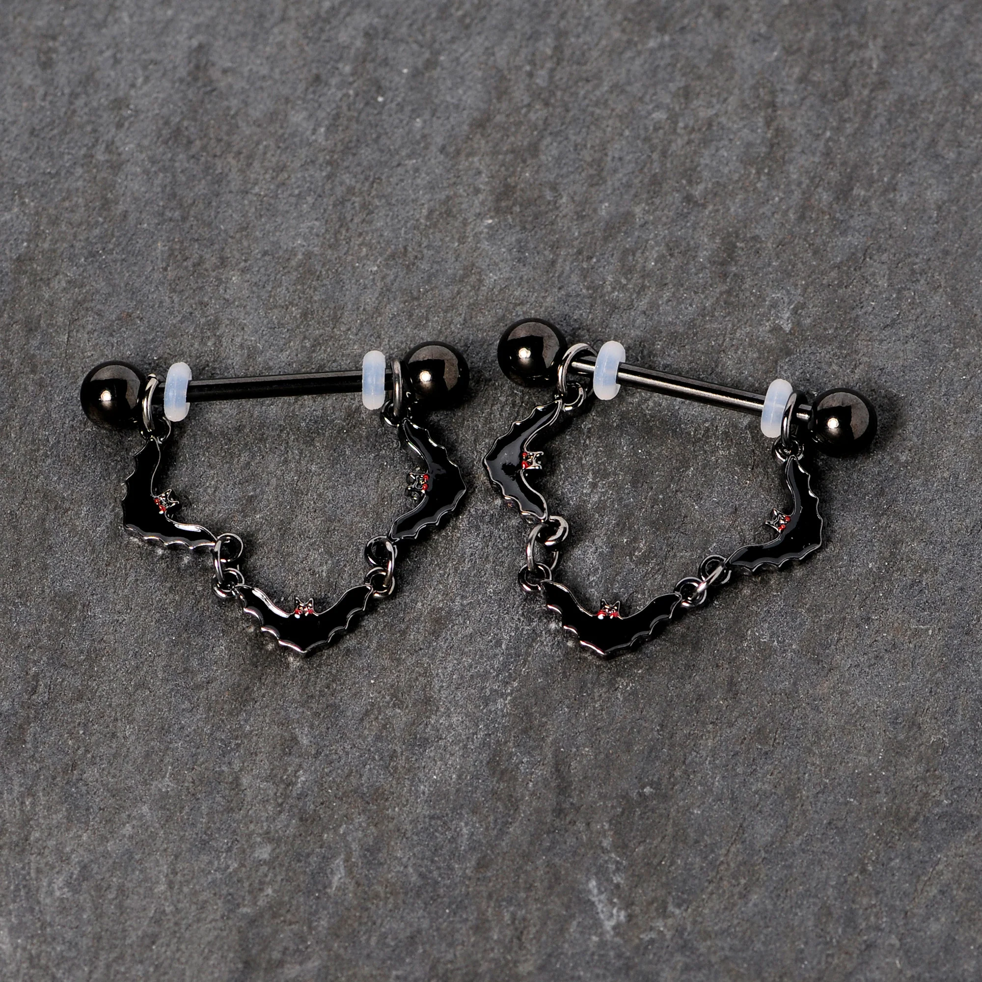 14G 9/16 Black Vampire Bat Halloween Dangle Nipple Ring Set - Image 3