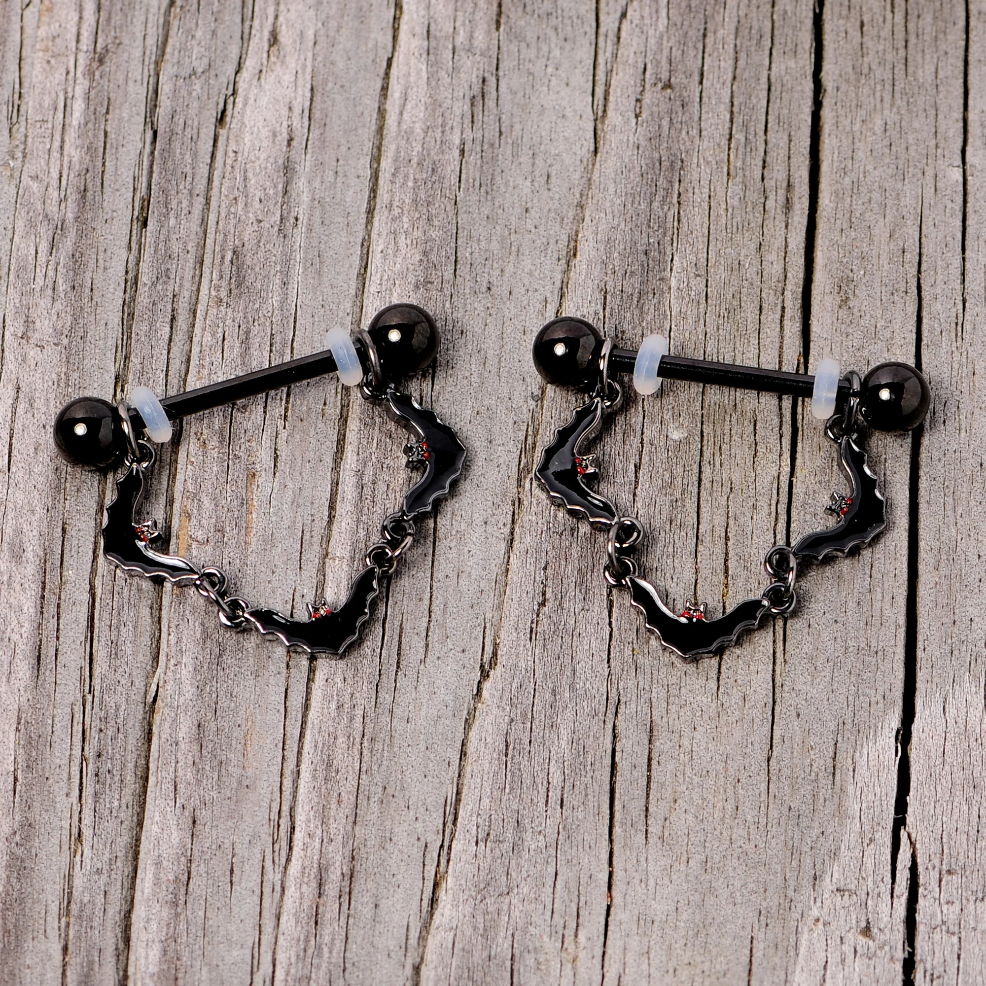 14G 9/16 Black Vampire Bat Halloween Dangle Nipple Ring Set - Image 4