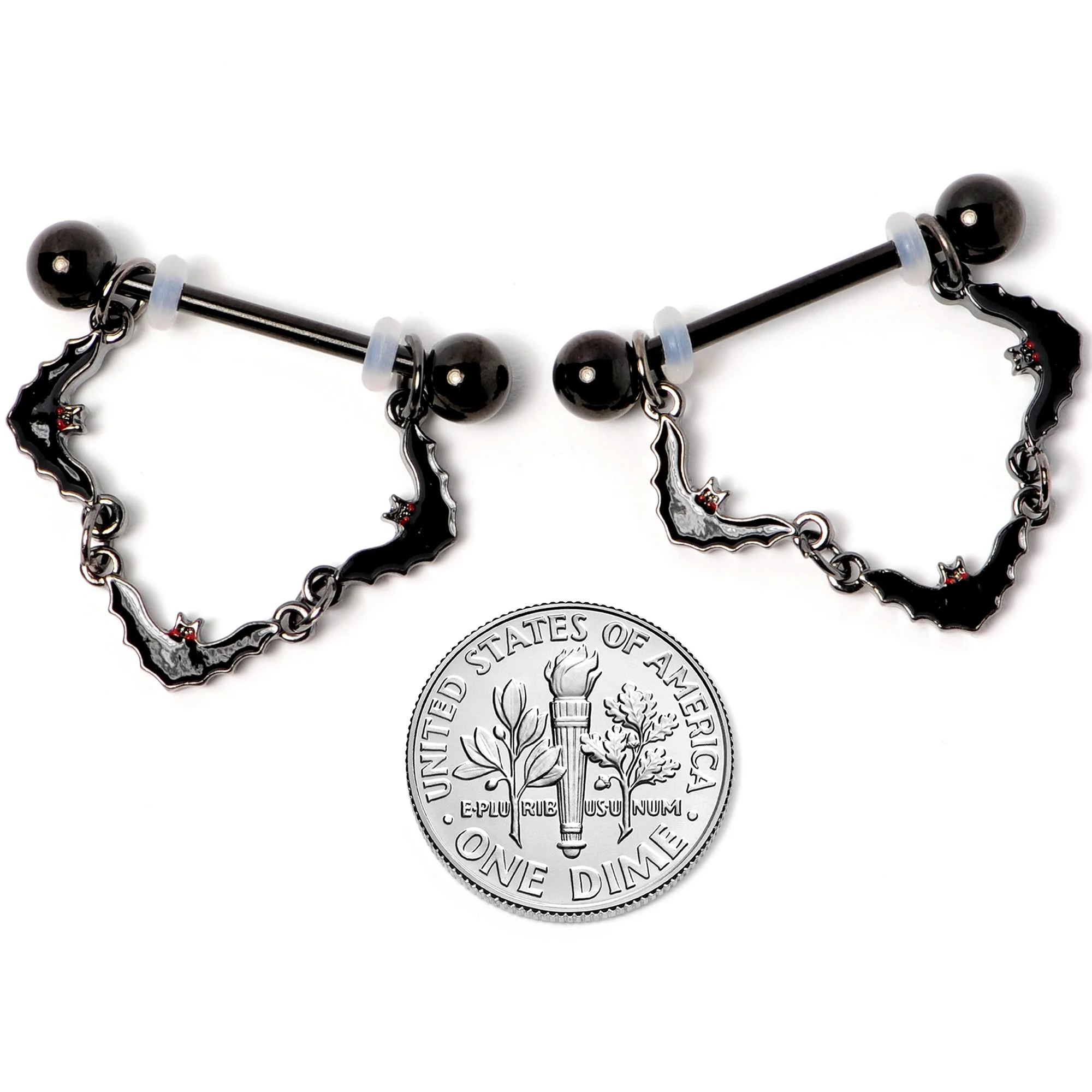 14G 9/16 Black Vampire Bat Halloween Dangle Nipple Ring Set - Image 5