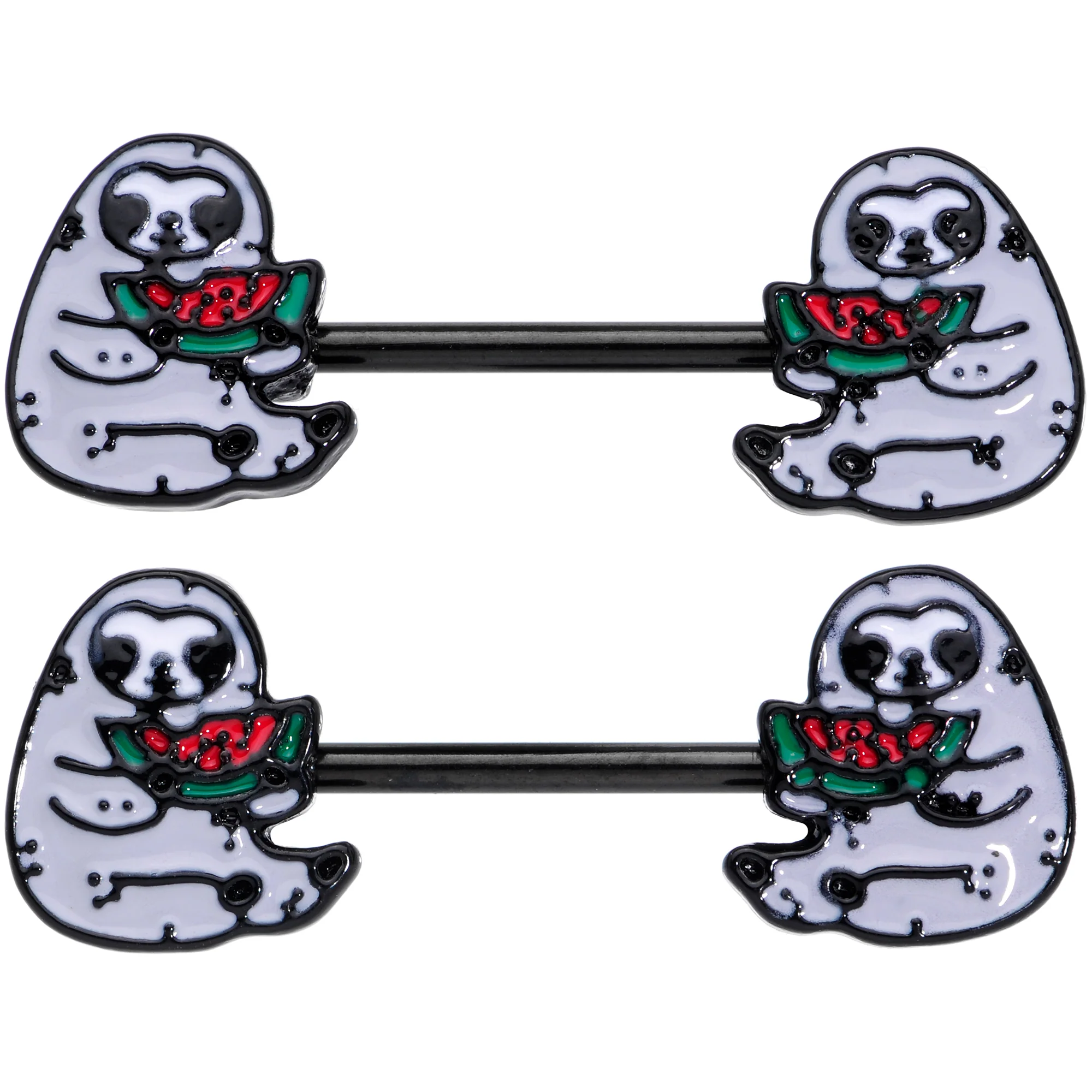 14G 9/16 Black Watermelon Sloth Barbell Nipple Ring Set - Image 2