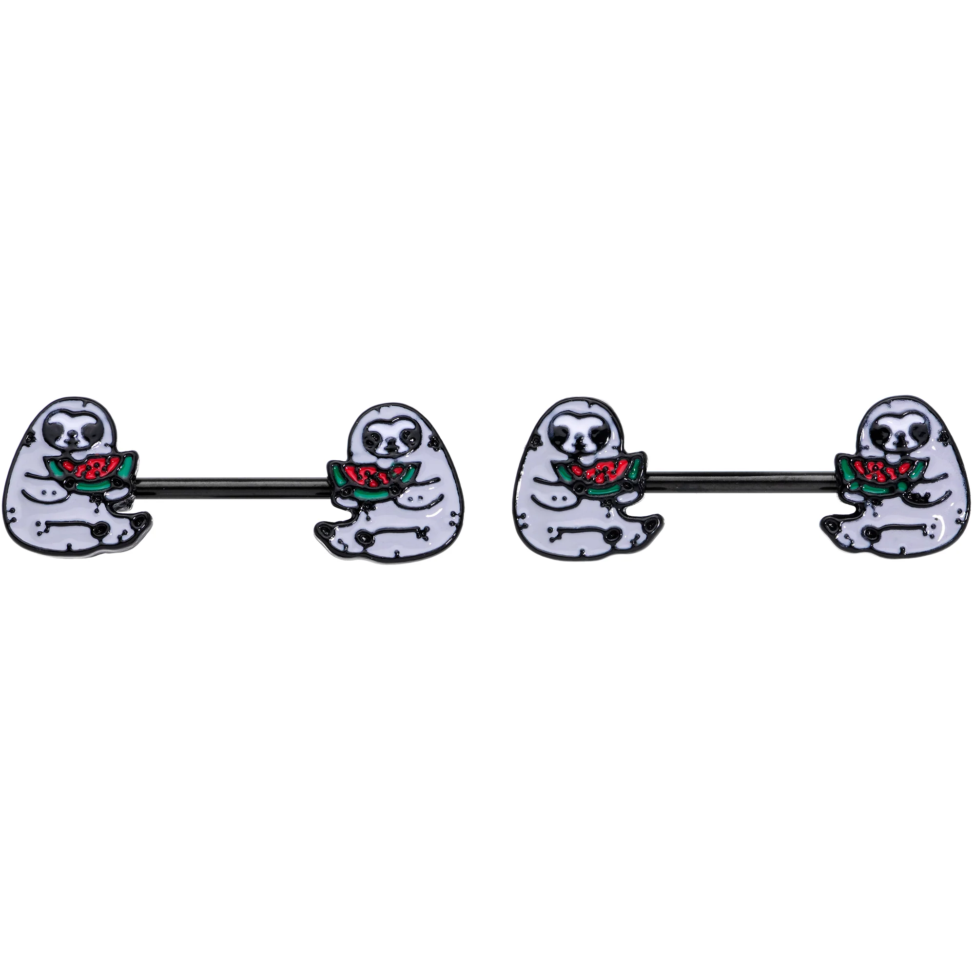 14G 9/16 Black Watermelon Sloth Barbell Nipple Ring Set - Image 4