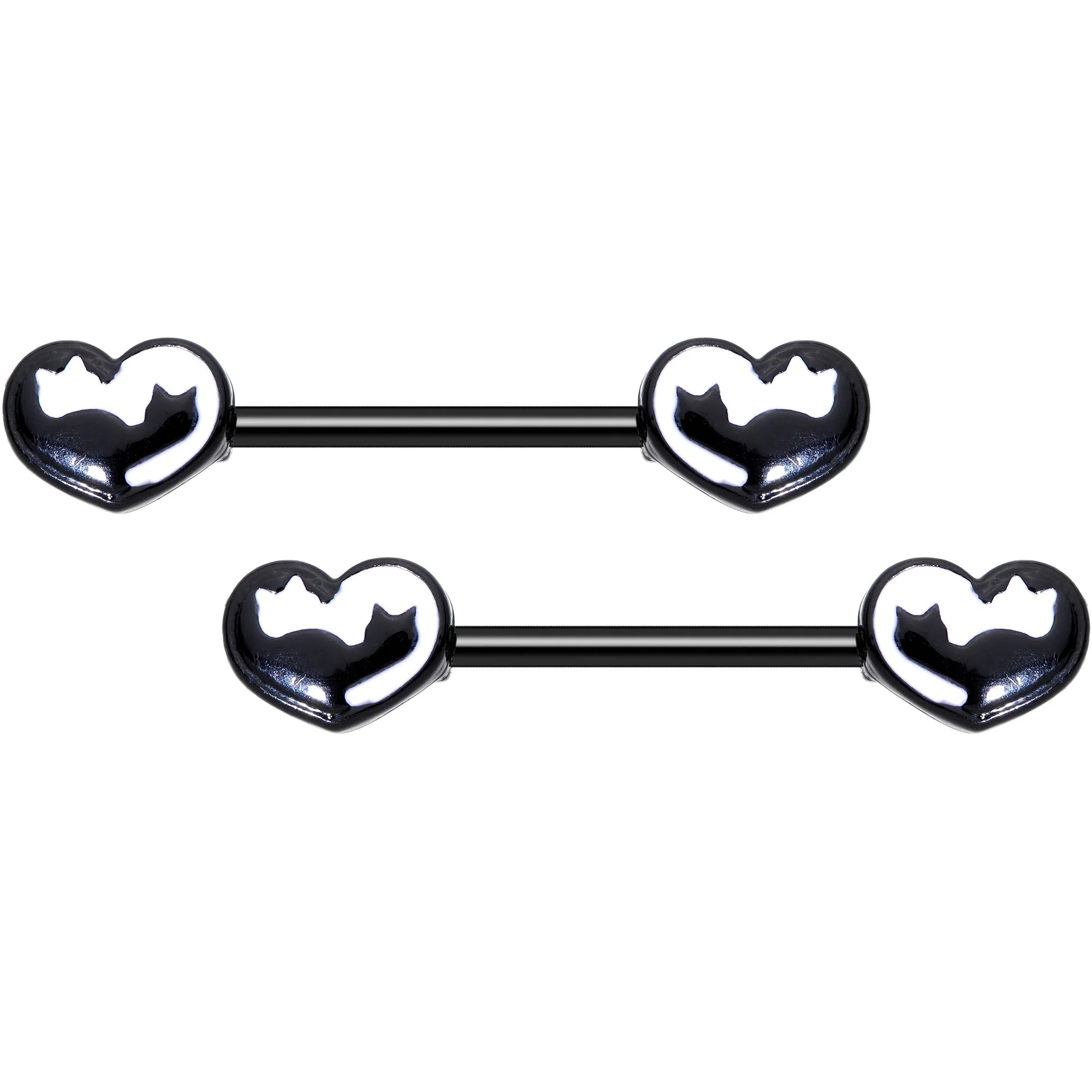 14G 9/16 Black White Silhouette Cat Lover Barbell Nipple Ring Set