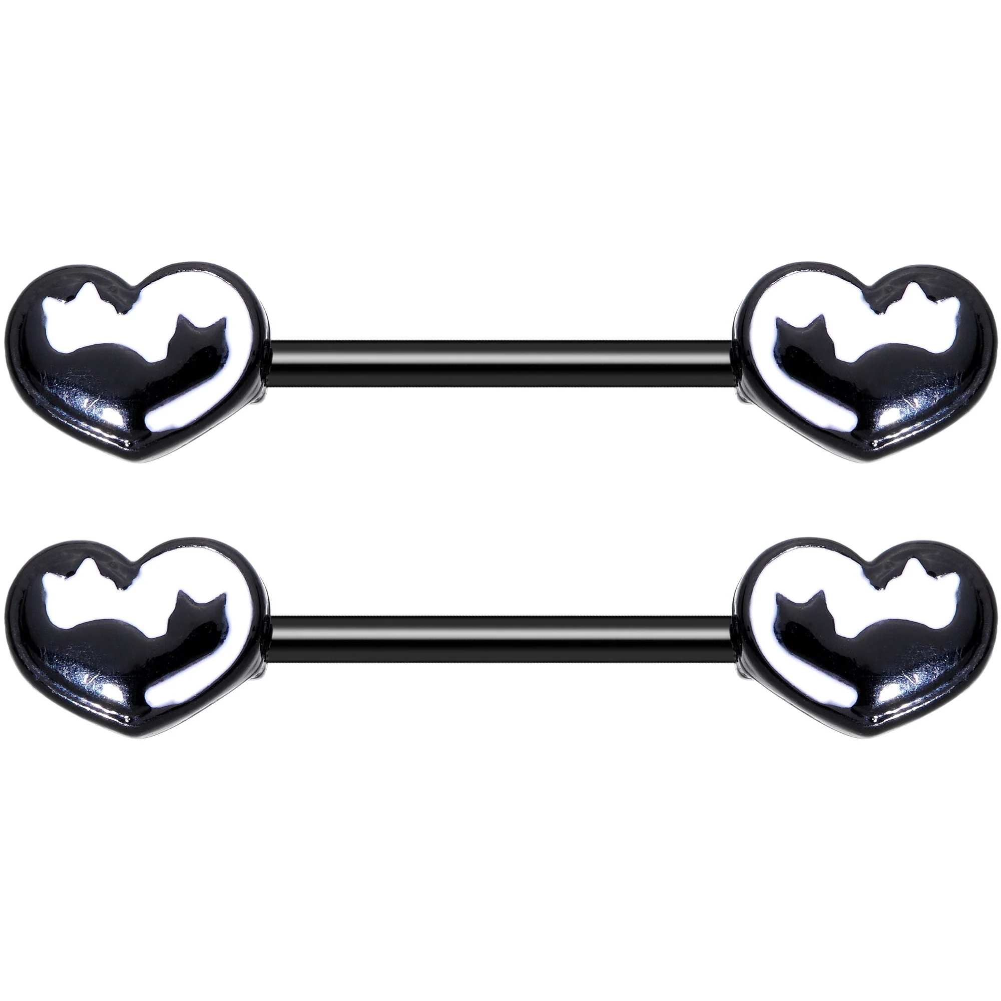 14G 9/16 Black White Silhouette Cat Lover Barbell Nipple Ring Set - Image 2