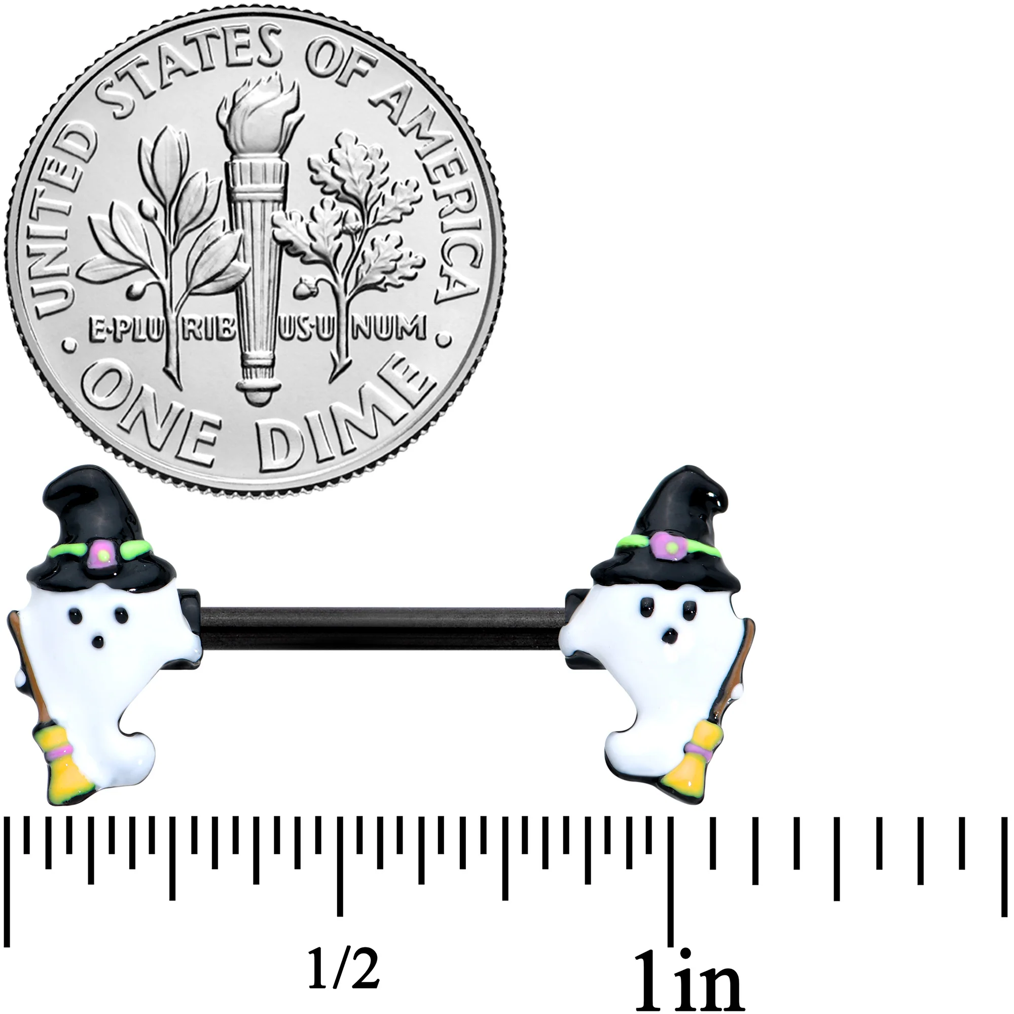 14G 9/16 Black Witch Ghosts Halloween Barbell Nipple Ring Set - Image 2