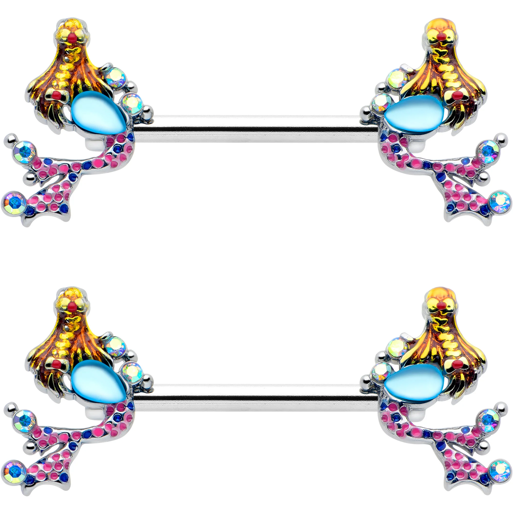 14G 9/16 Blue Aurora Gem Abstract Mermaid Barbell Nipple Ring Set - Image 2