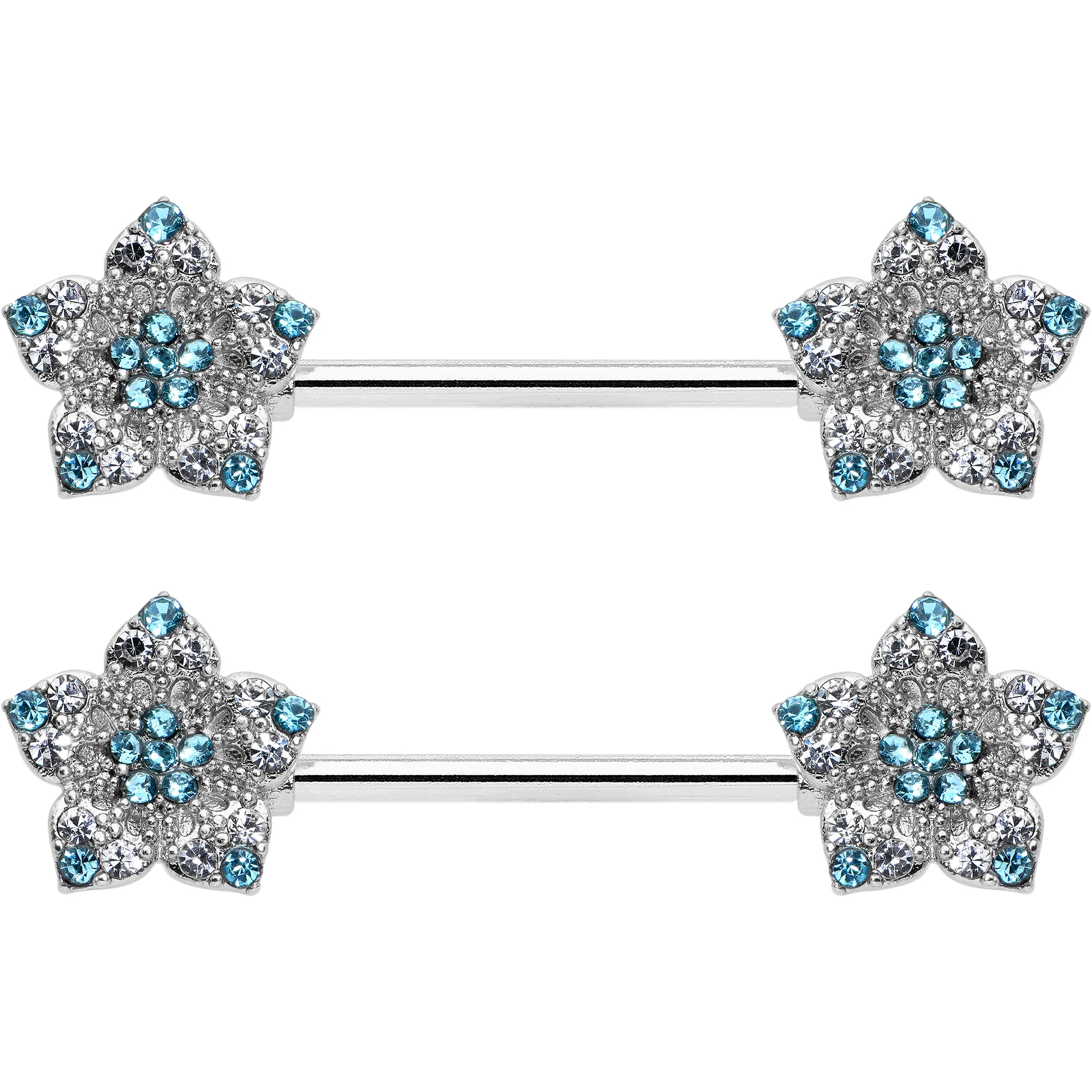 14G 9/16 Blue Clear Gem Opulent Flowers Barbell Nipple Ring Set - Image 8