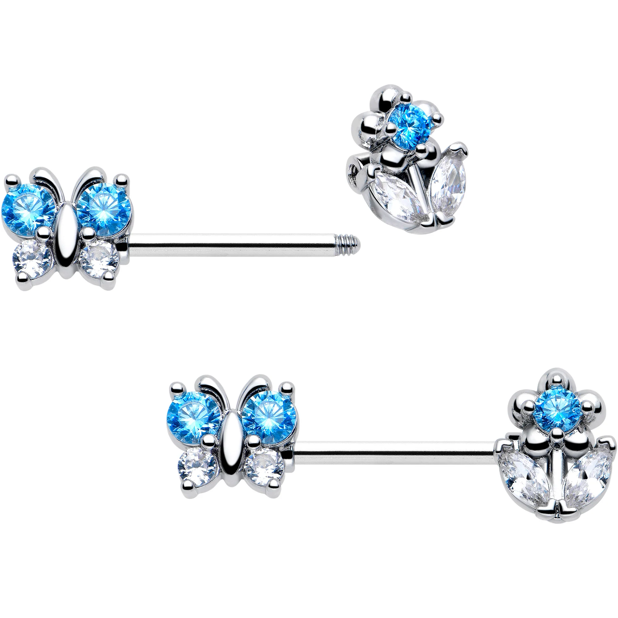 14G 9/16 Blue CZ Gem Butterfly Fantasy Barbell Nipple Ring Set - Image 2