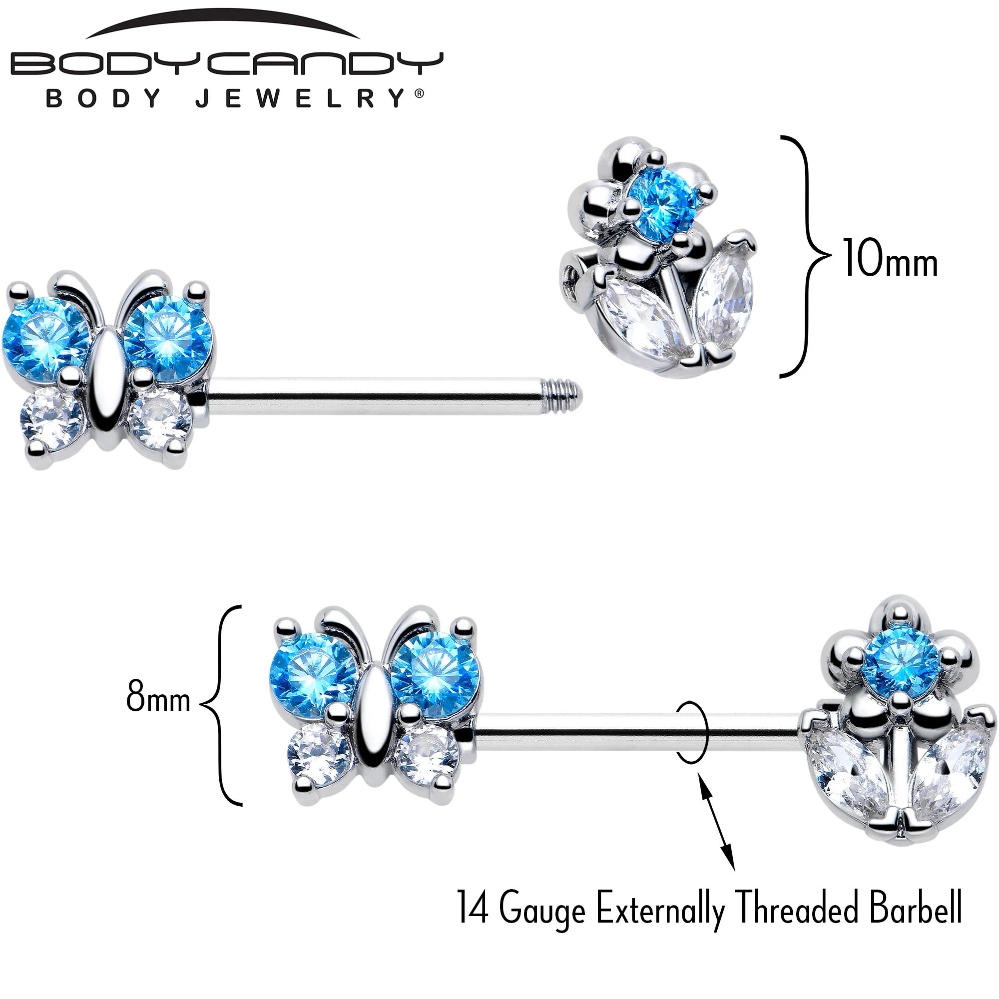 14G 9/16 Blue CZ Gem Butterfly Fantasy Barbell Nipple Ring Set - Image 3