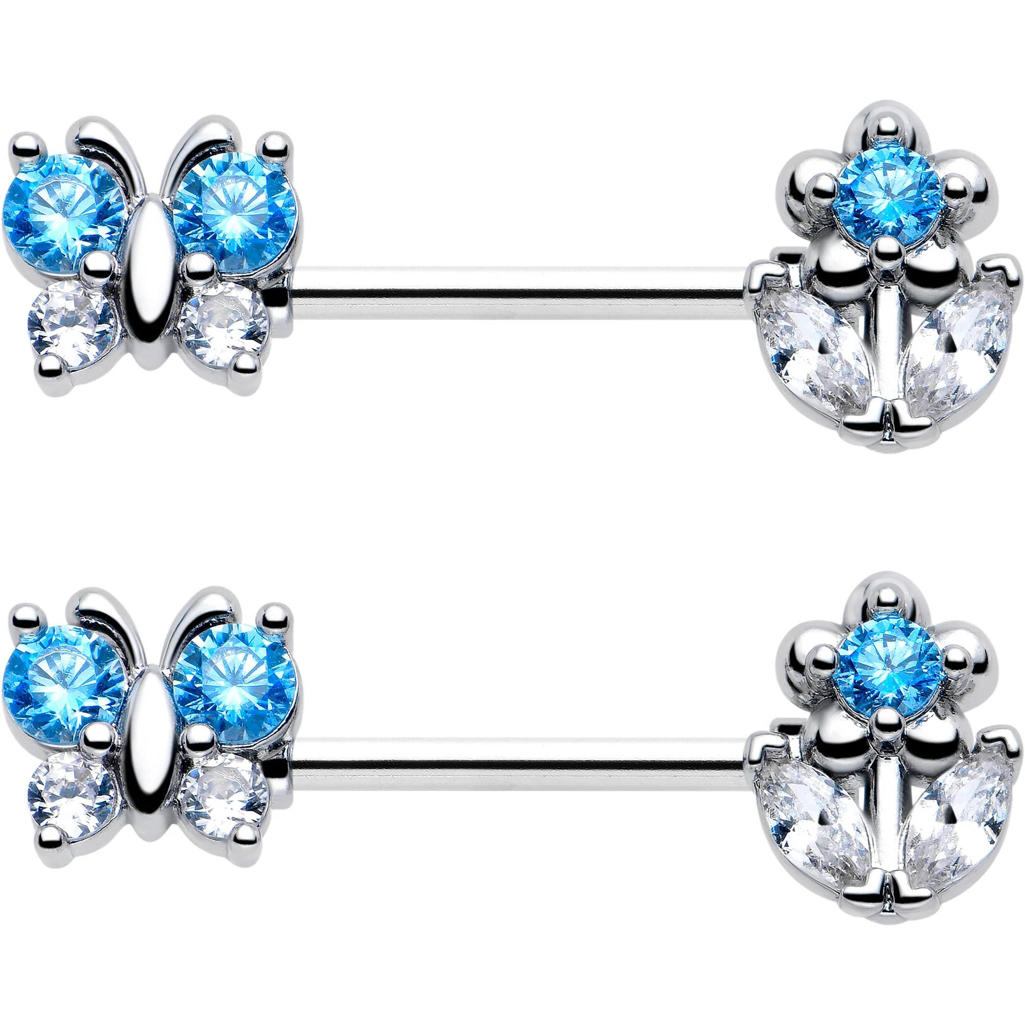 14G 9/16 Blue CZ Gem Butterfly Fantasy Barbell Nipple Ring Set - Image 4