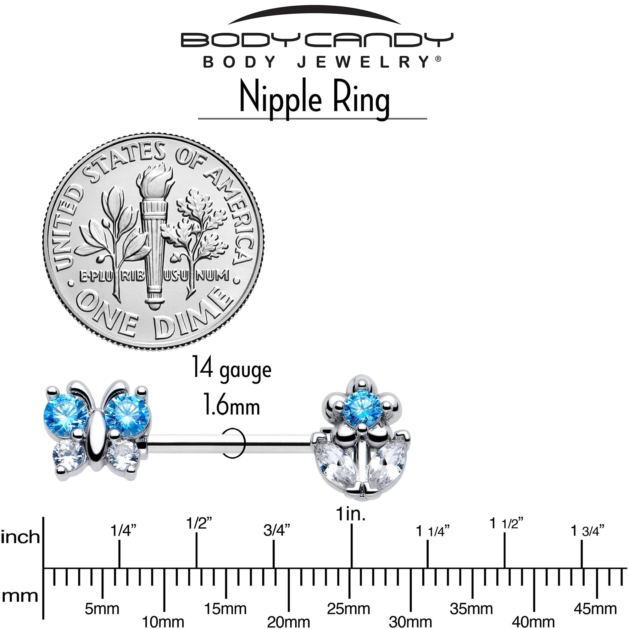 14G 9/16 Blue CZ Gem Butterfly Fantasy Barbell Nipple Ring Set - Image 5