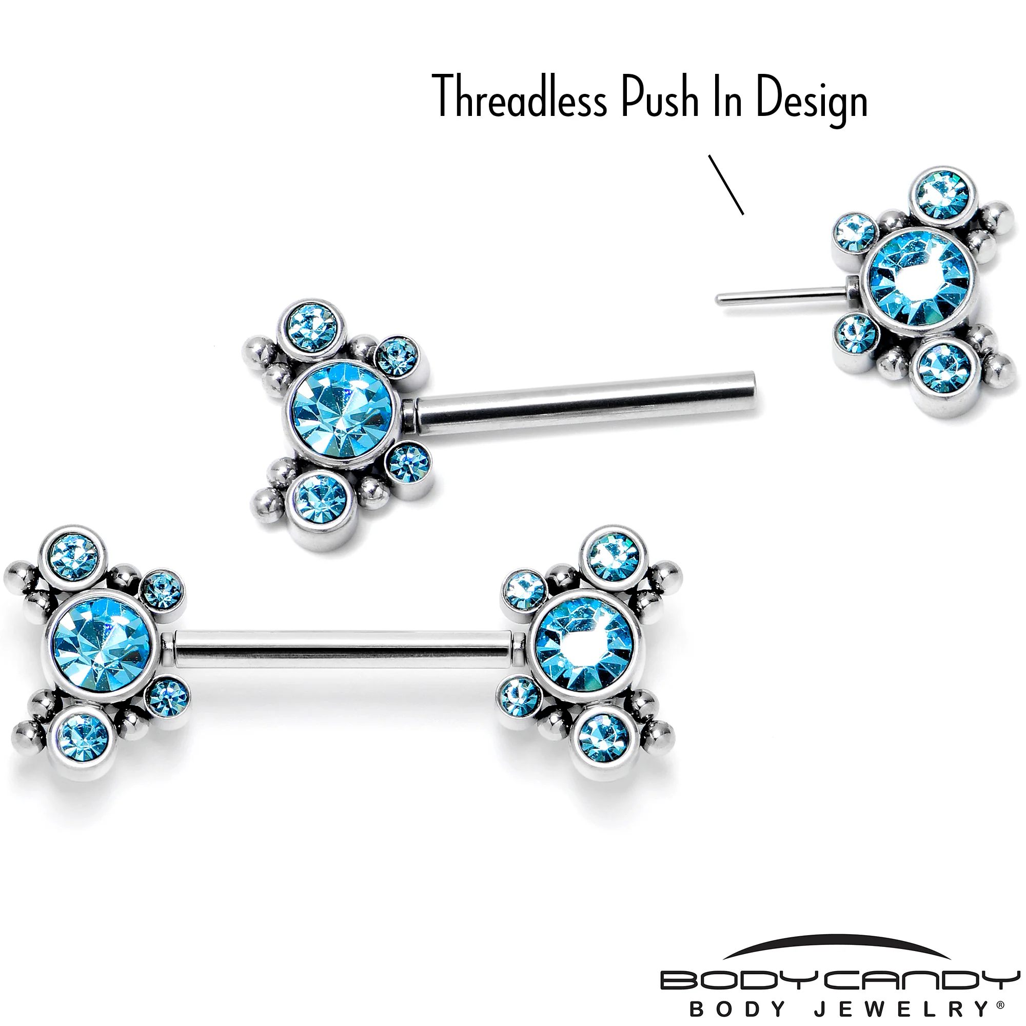14G 9/16 Blue CZ Gem Circles Threadless Barbell Nipple Ring Set - Image 3
