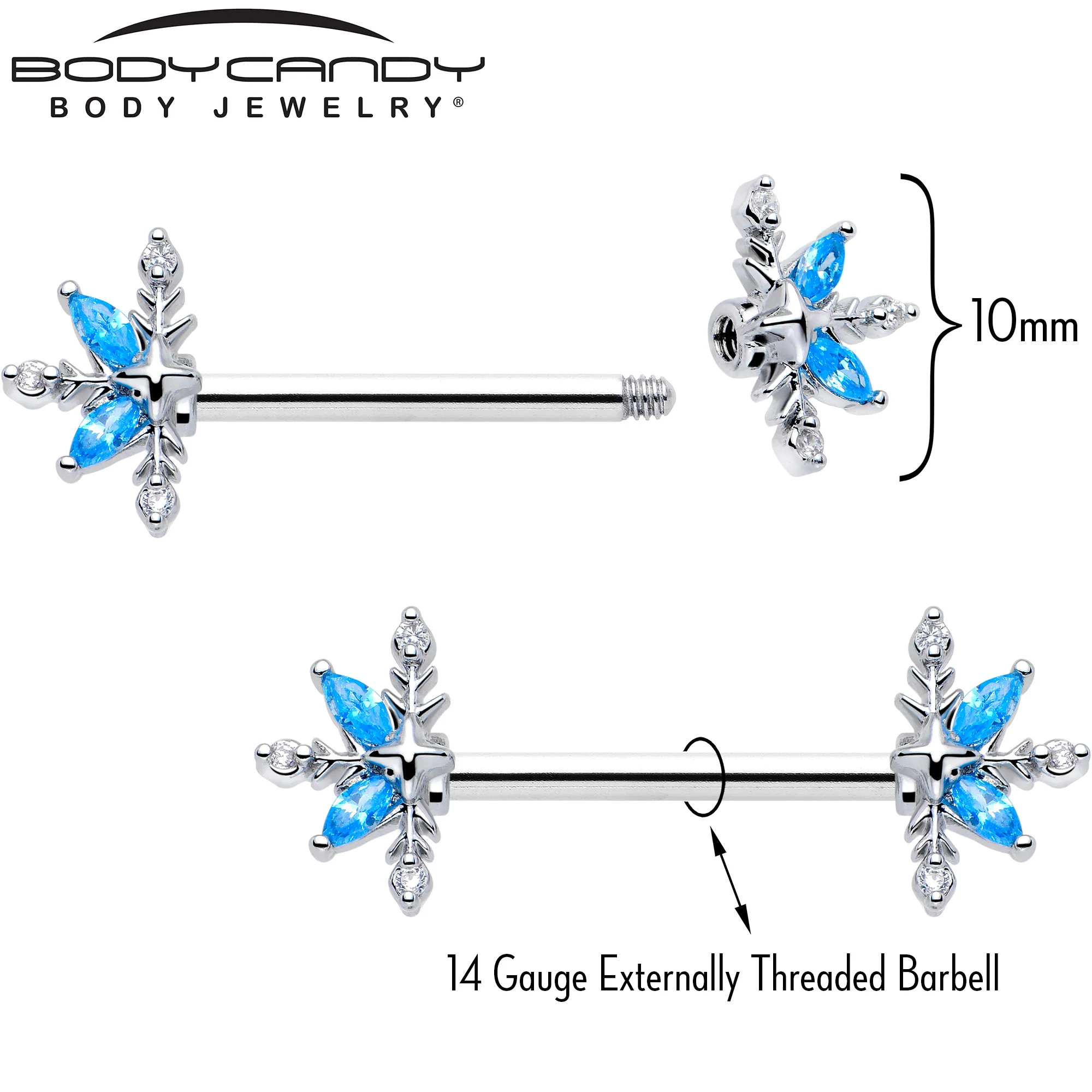 14G 9/16 Blue CZ Gem Classic Flower Barbell Nipple Ring Set - Image 3