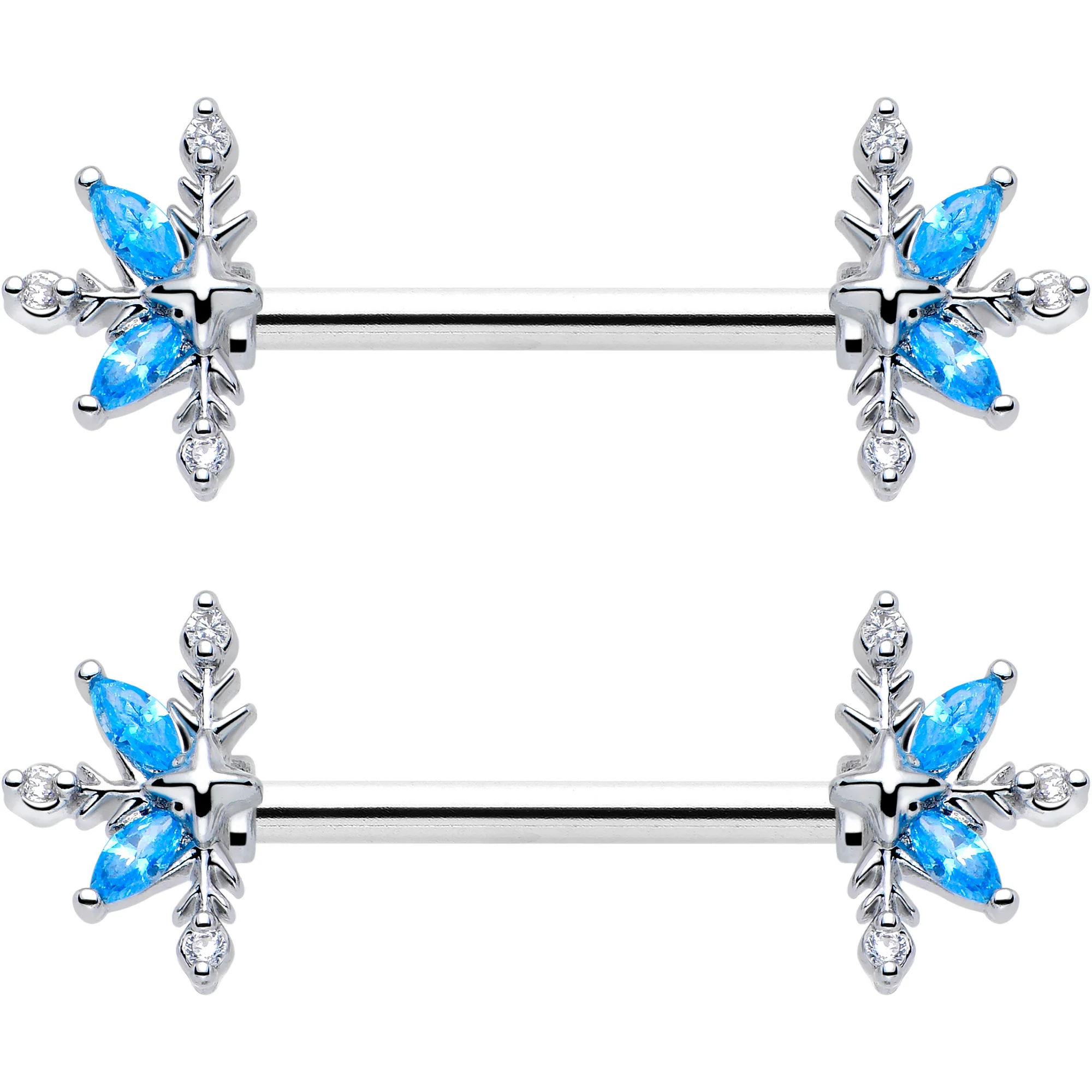 14G 9/16 Blue CZ Gem Classic Flower Barbell Nipple Ring Set - Image 4