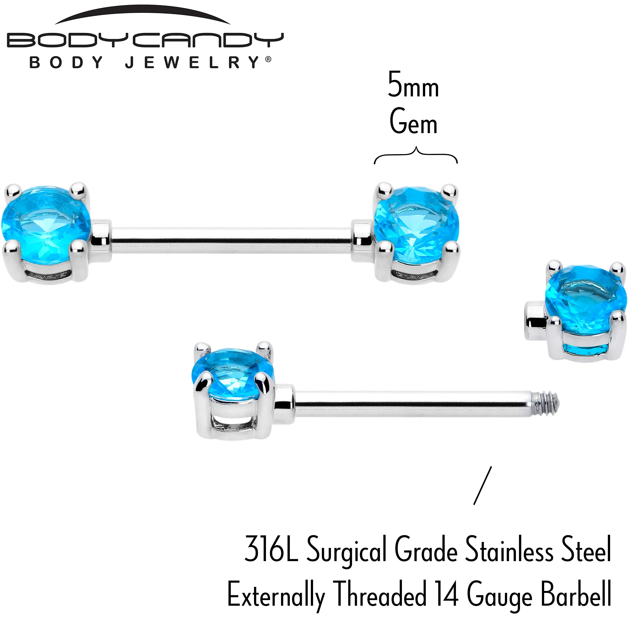 14G 9/16 Blue CZ Gem December Birthstone Nipple Ring Set - Image 4