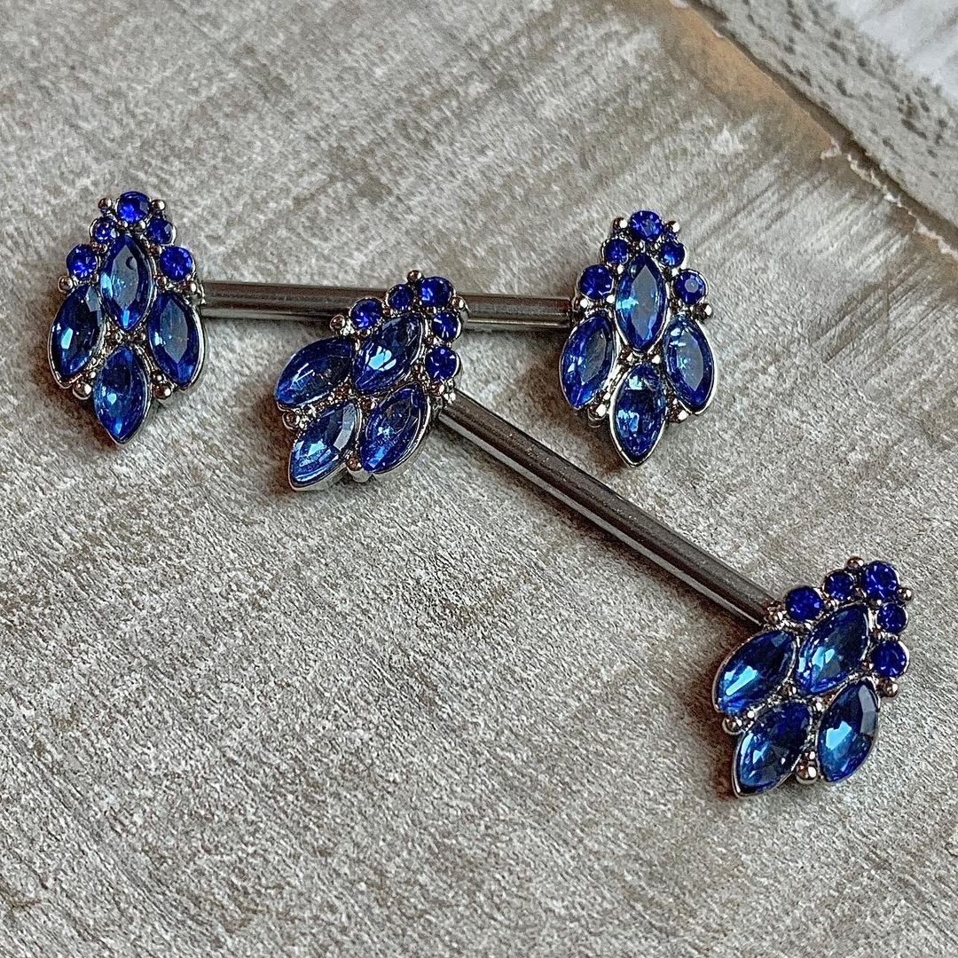 14G 9/16 Blue CZ Gem Fountain Barbell Nipple Ring Set - Image 2