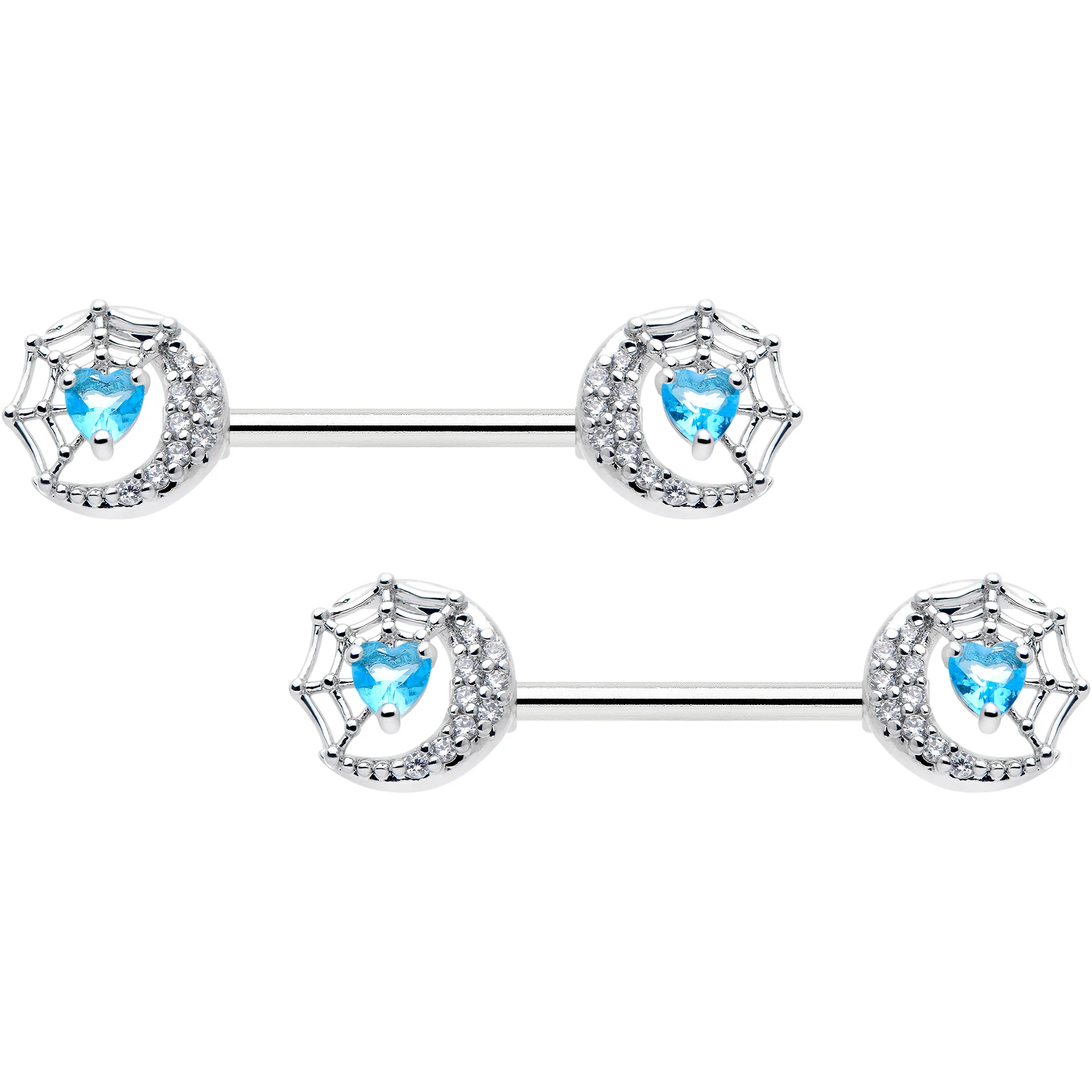 14G 9/16 Blue CZ Gem Heart Web Moon Barbell Nipple Ring Set