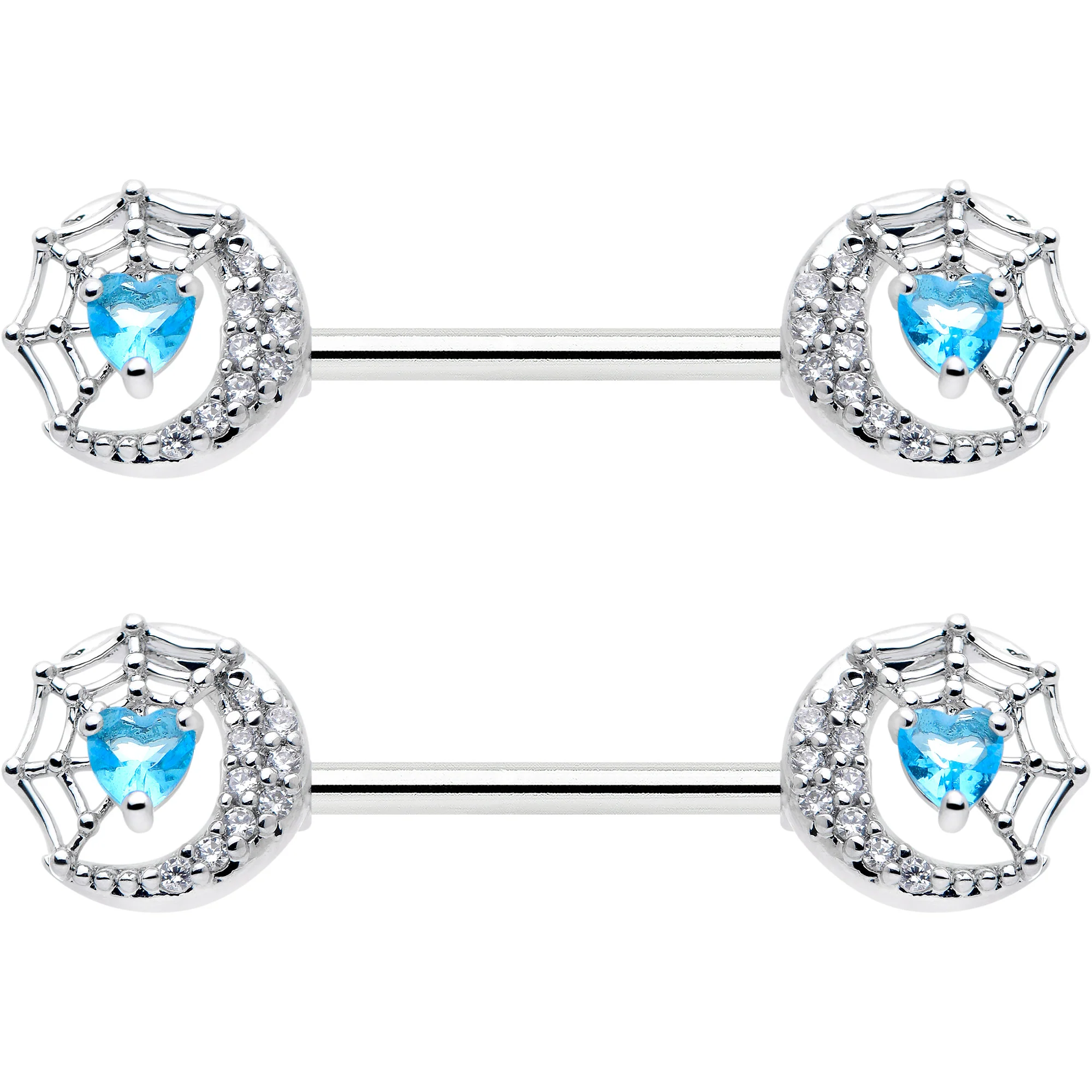 14G 9/16 Blue CZ Gem Heart Web Moon Barbell Nipple Ring Set - Image 2